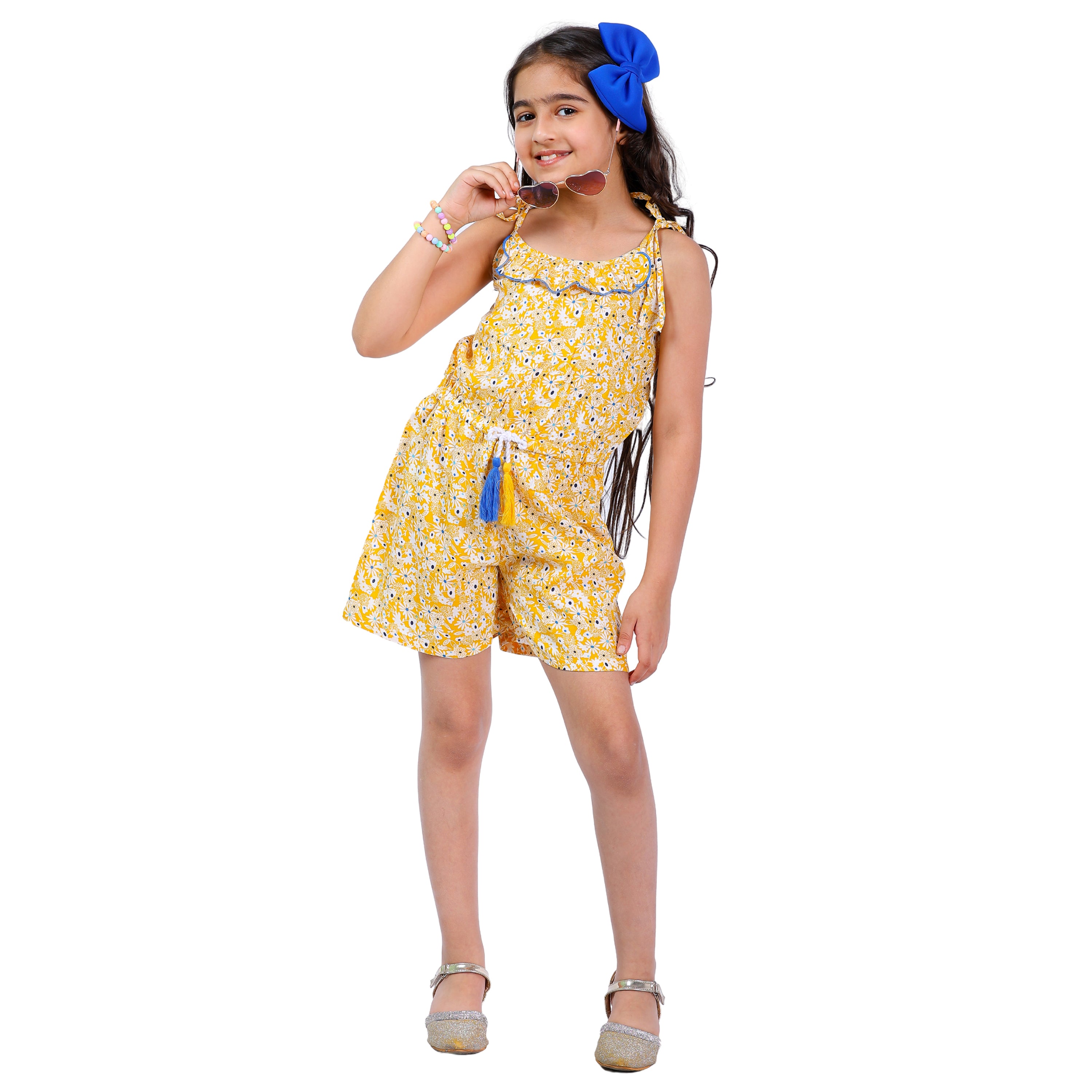 Girls Printed Floral Stylish Comfortable Short  Jumpsuit  YELLOW