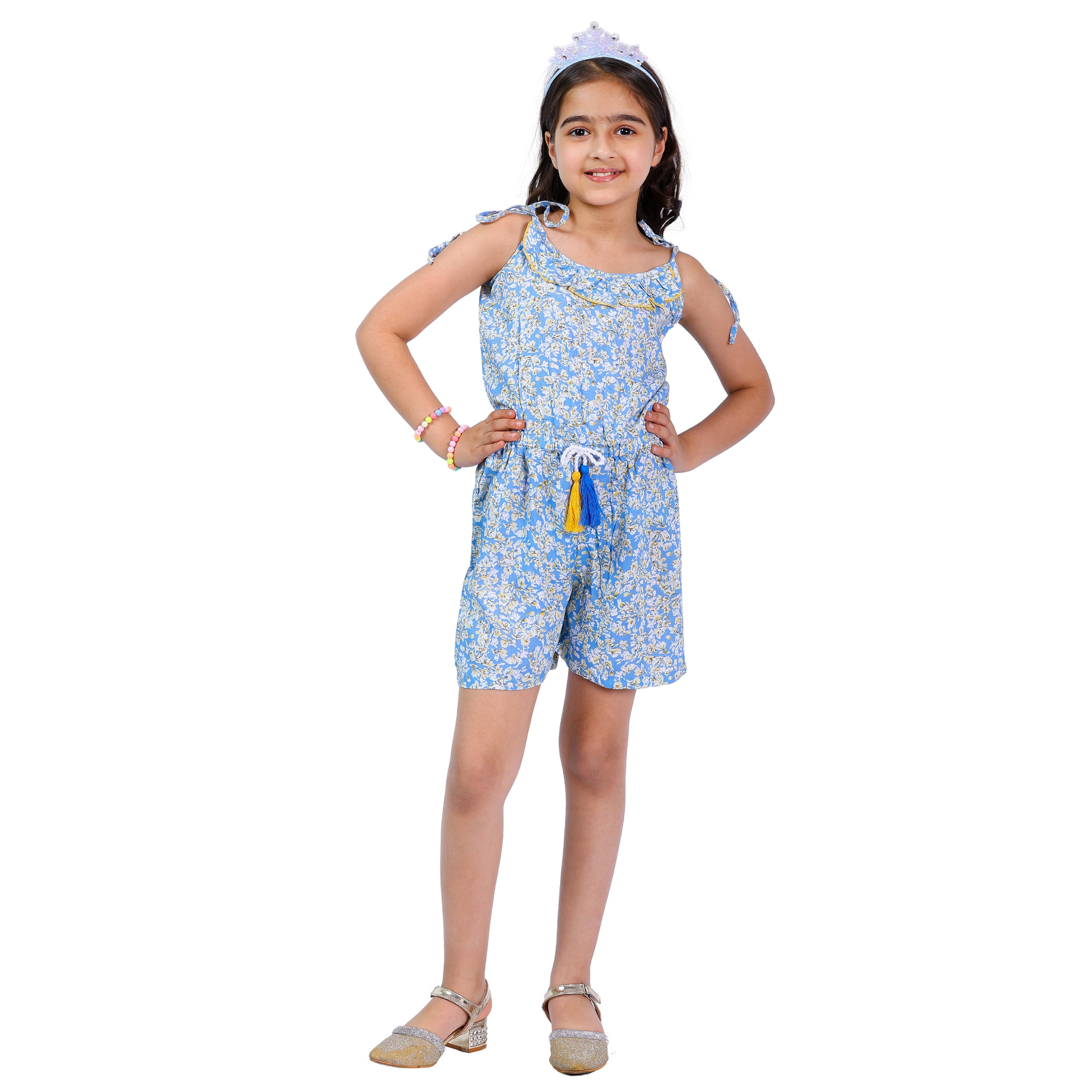 Girls Summer Printed Floral Stylish Comfortable Short Jumpsuit Blue