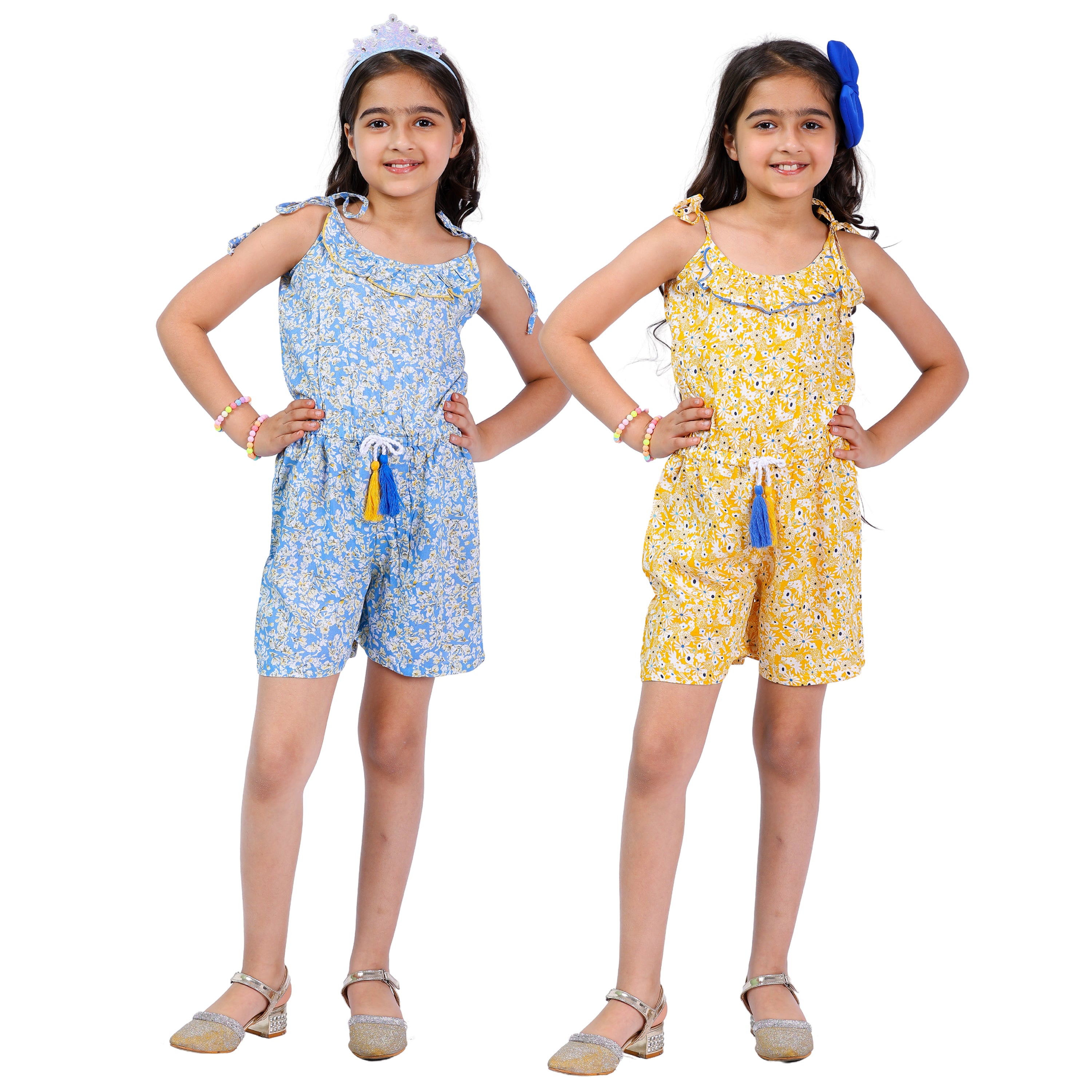 Girls Set of 2 Short Jumpsuits – Yellow & Blue with Tassel Dori (4–10 Yrs)