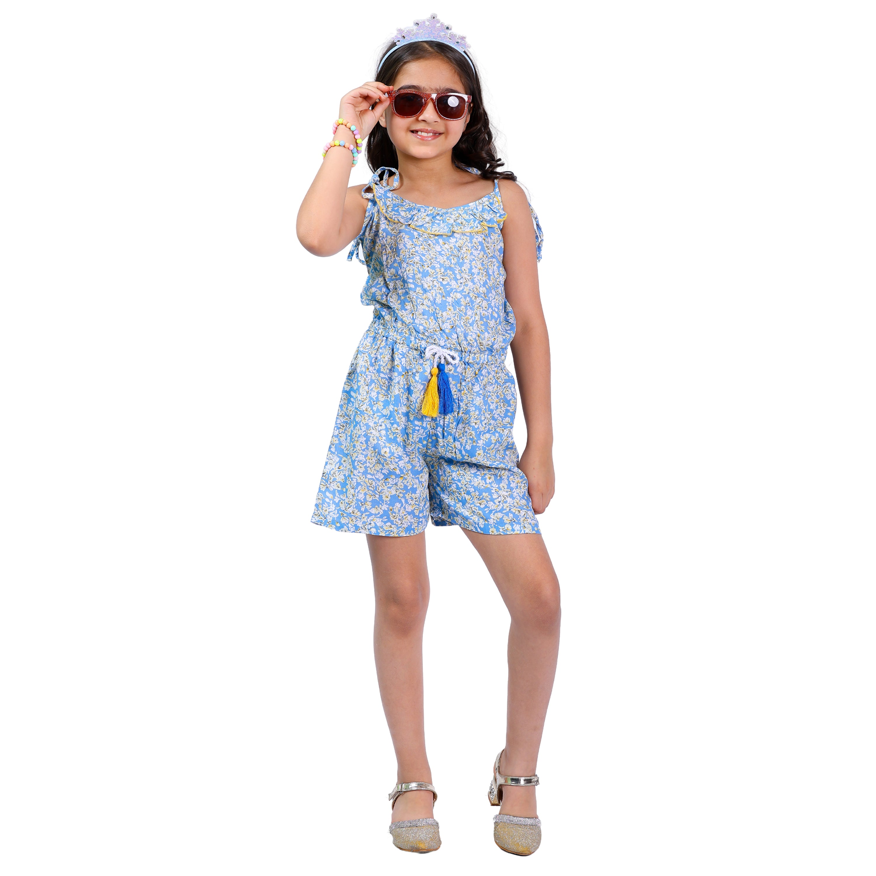 Girls Summer Printed Floral Stylish Comfortable Short Jumpsuit Blue
