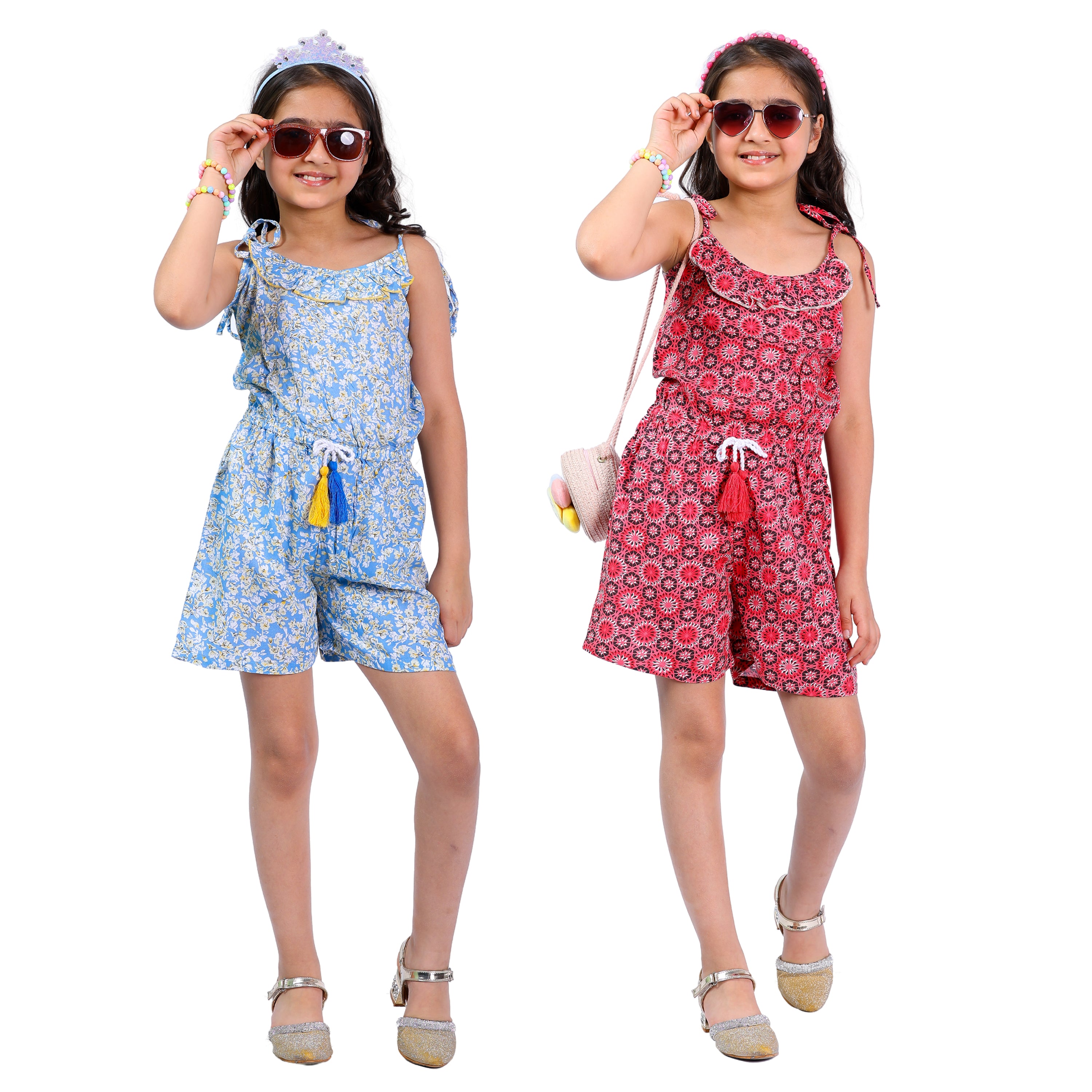Set of 2 Girls Short Jumpsuits – Red & Blue with Tassel Dori (4–10 Yrs)