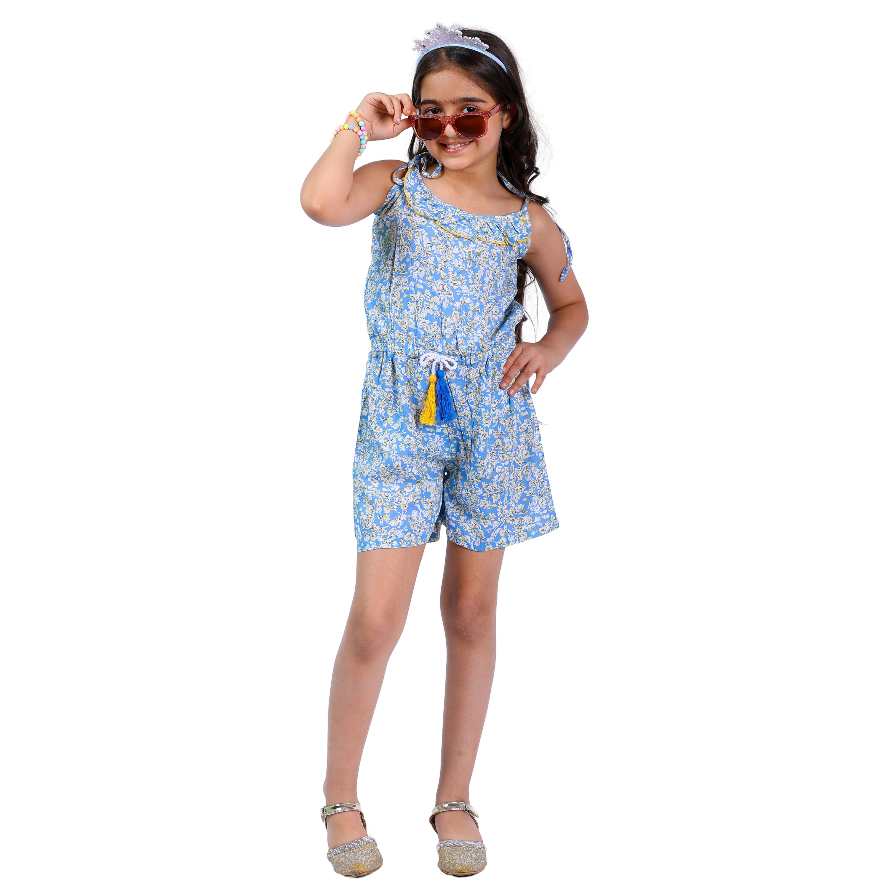 Girls Summer Printed Floral Stylish Comfortable Short Jumpsuit Blue