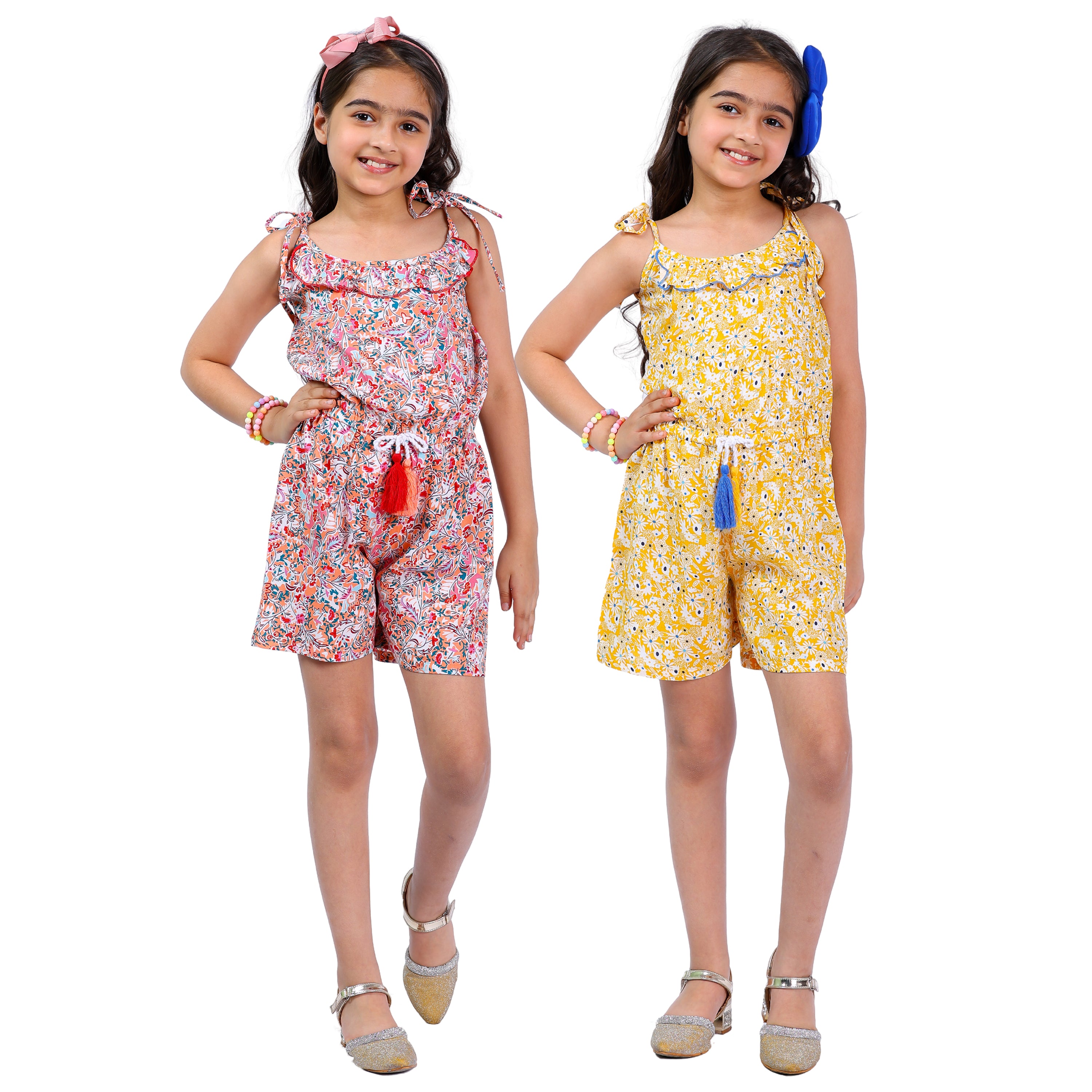 Set of 2 Girls Short Jumpsuits – Multi & Yellow with Tassel Dori Waist (Multi & Yellow)