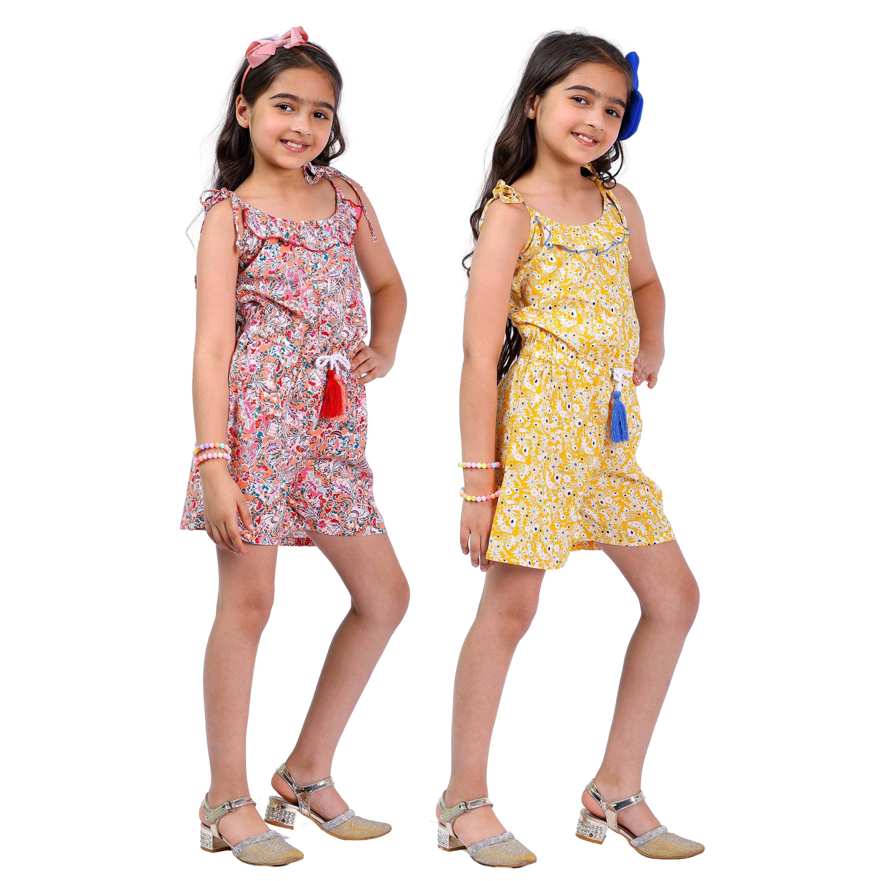 Set of 2 Girls Short Jumpsuits – Multi & Yellow with Tassel Dori Waist (Multi & Yellow)