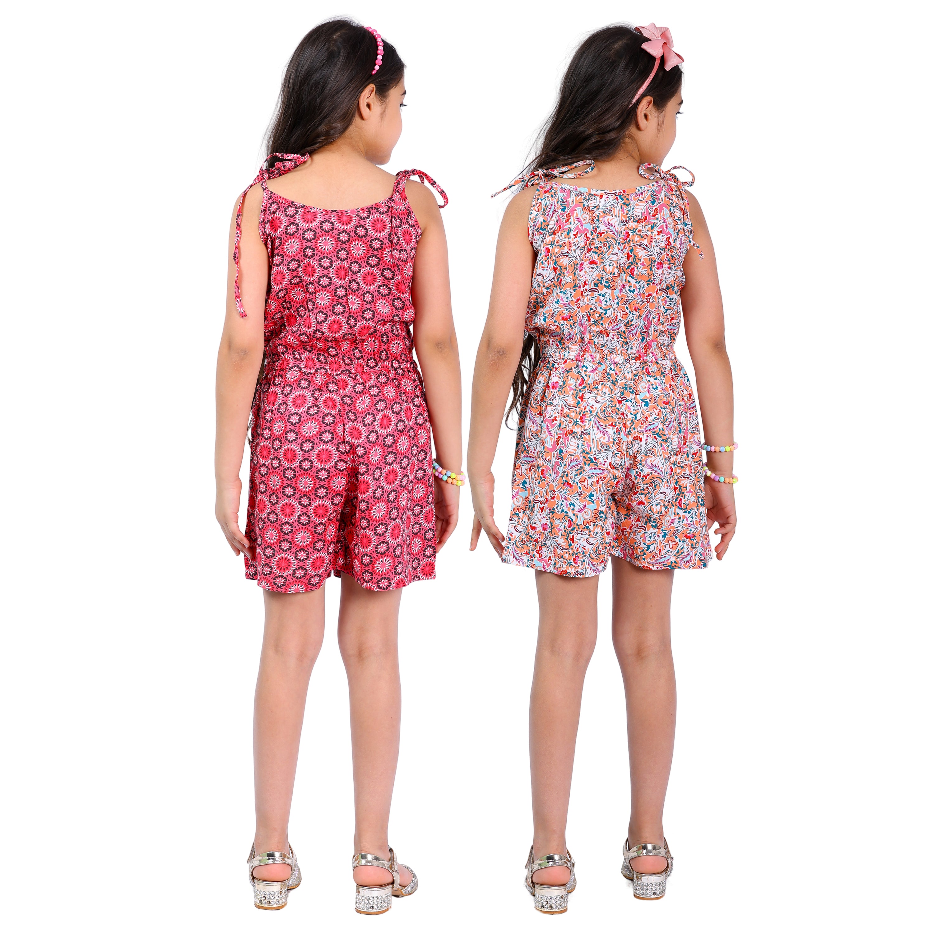 Set of 2 Girls Short Jumpsuits in Red & Multi Color with Tassel Dori (4–10 Yrs)