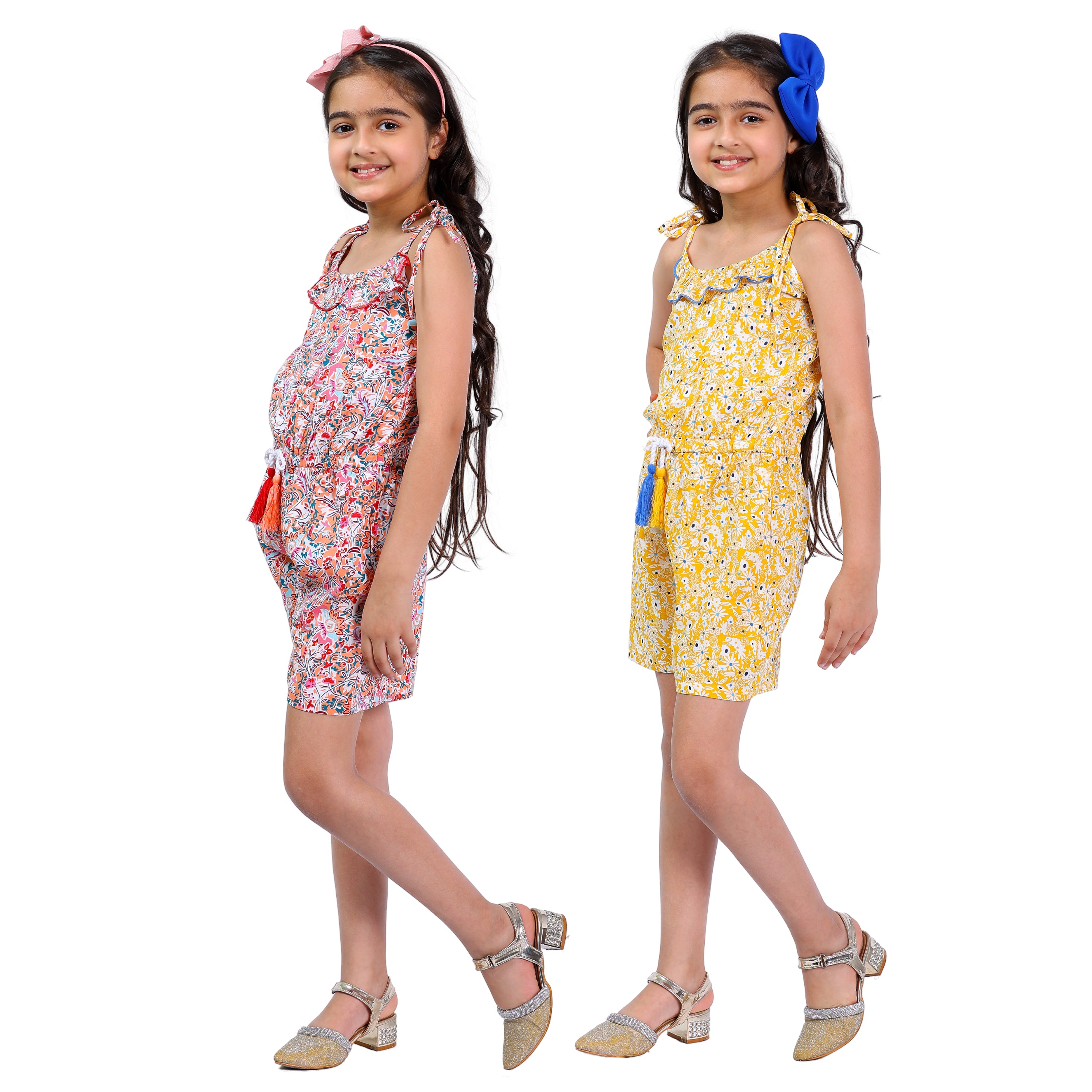 Set of 2 Girls Short Jumpsuits – Multi & Yellow with Tassel Dori Waist (Multi & Yellow)
