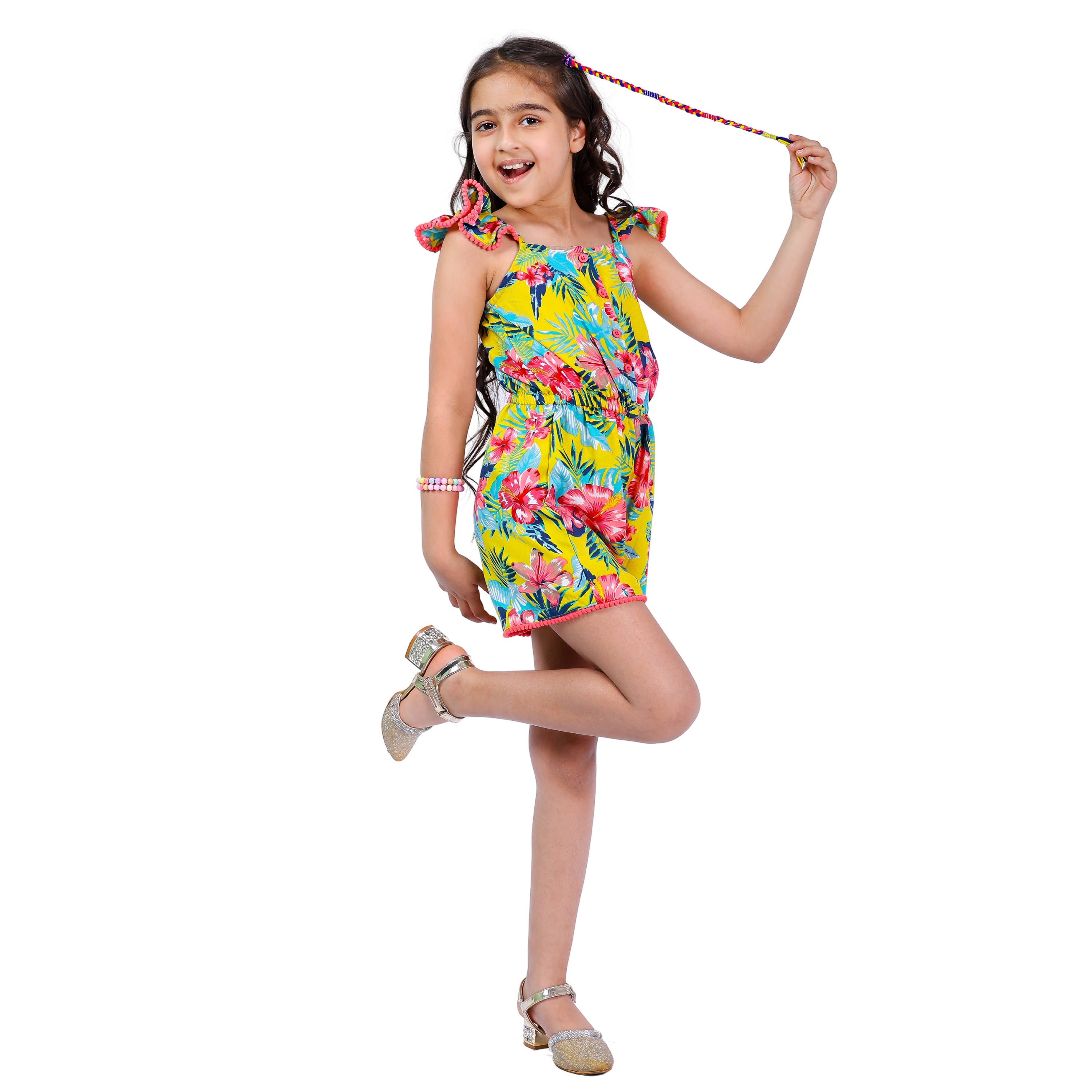 Girls Yellow Floral Stylish Comfortable  Short Jumpsuit Multi