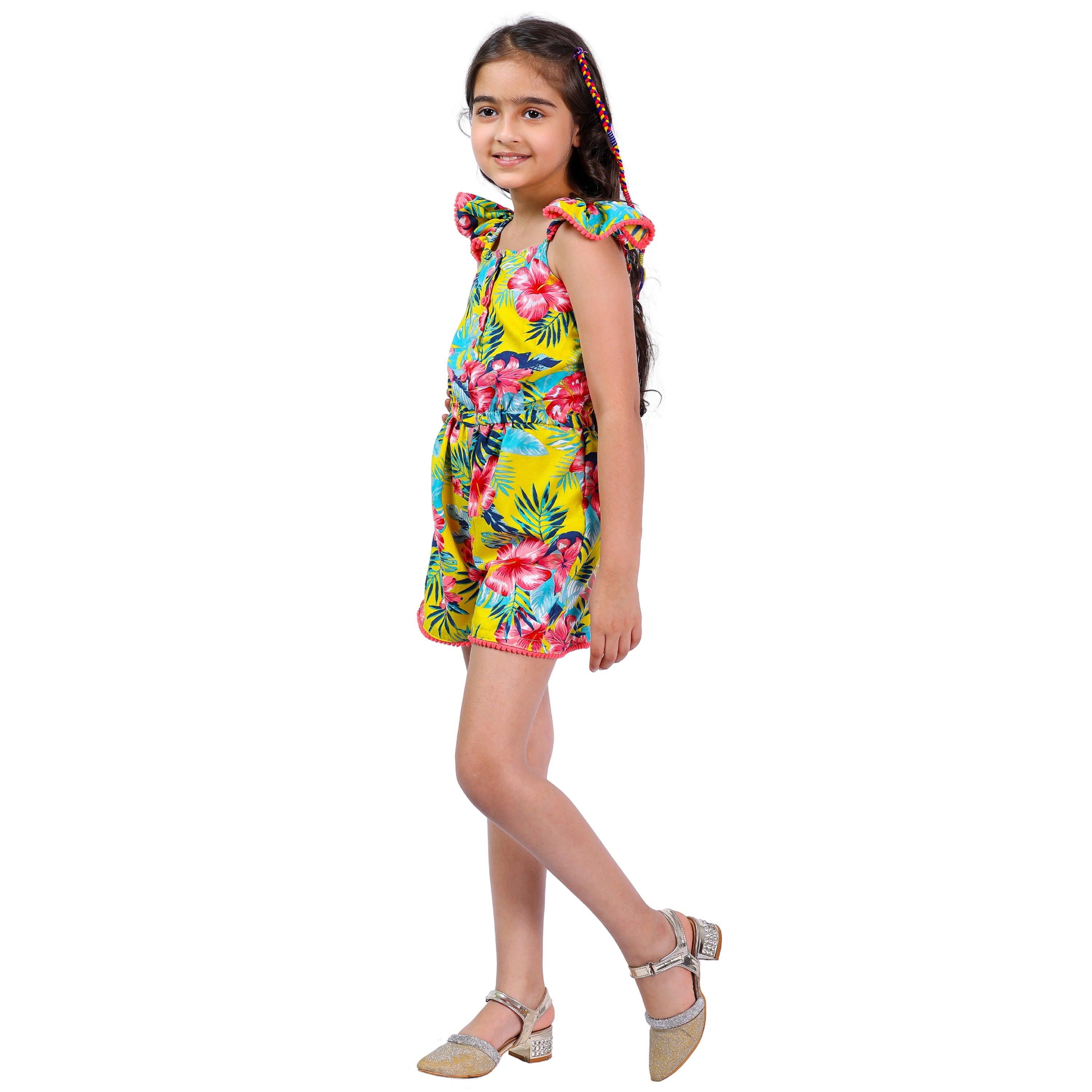 Girls Yellow Floral Stylish Comfortable  Short Jumpsuit Multi