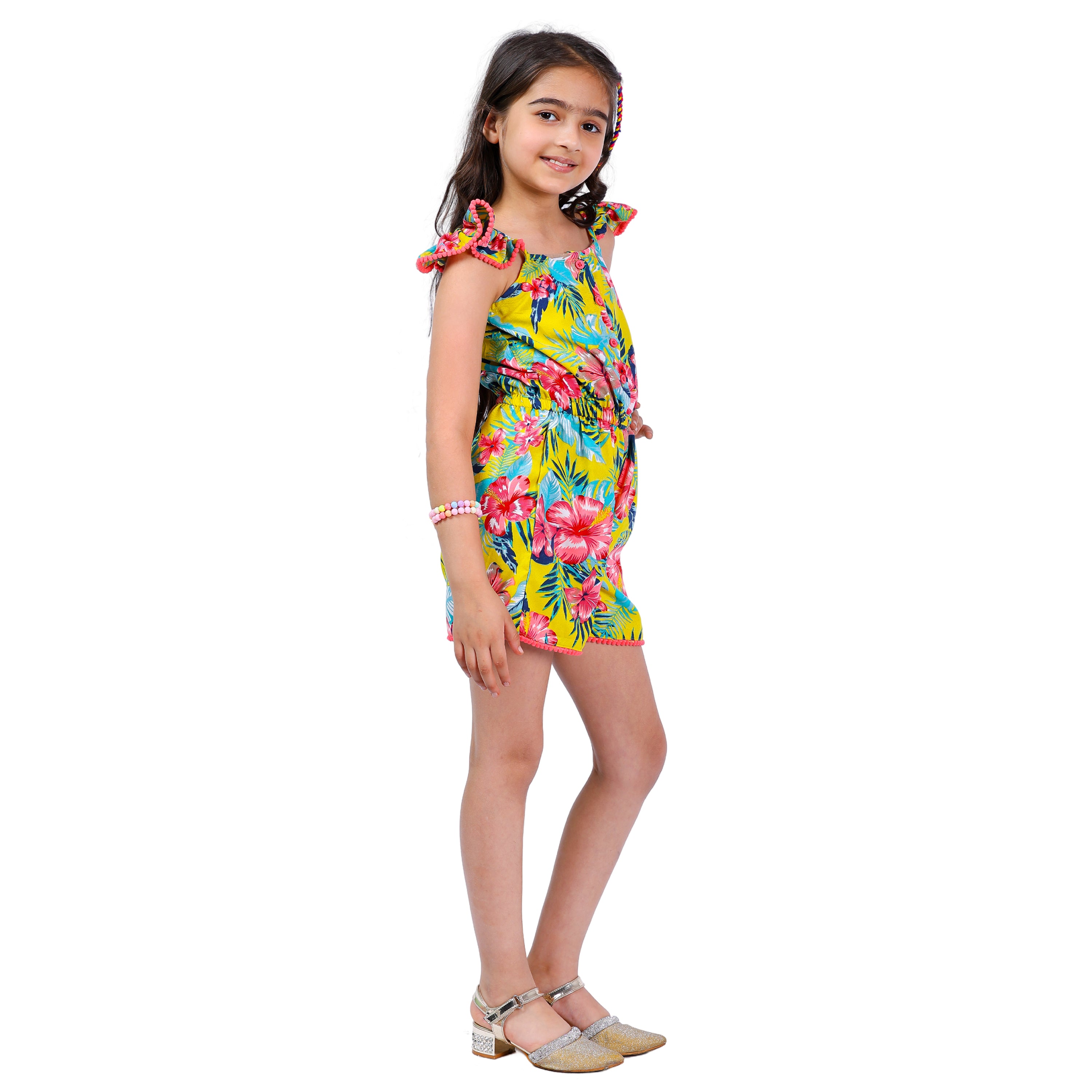 Girls Yellow Floral Stylish Comfortable  Short Jumpsuit Multi