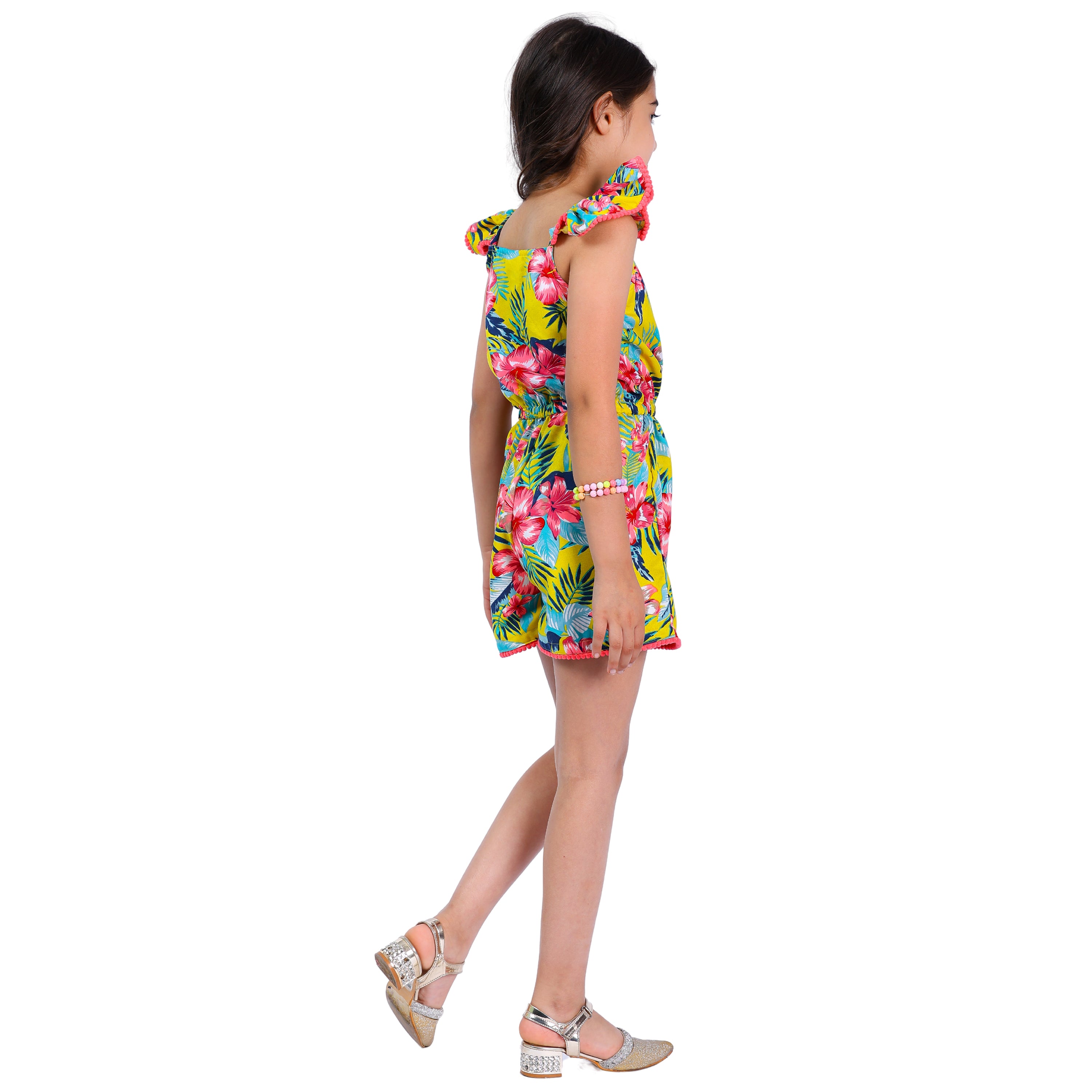 Girls Yellow Floral Stylish Comfortable  Short Jumpsuit Multi