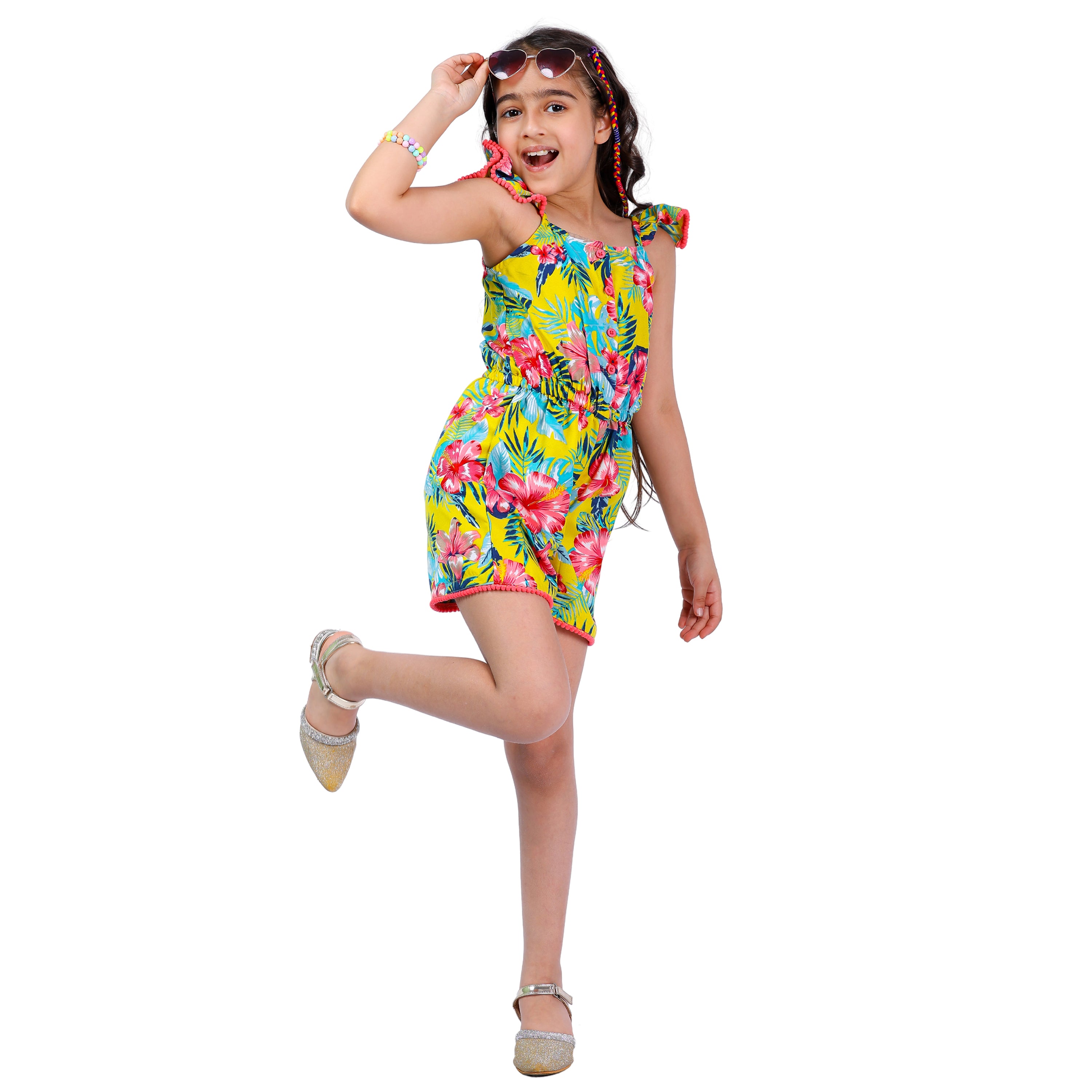 Girls Yellow Floral Stylish Comfortable  Short Jumpsuit Multi