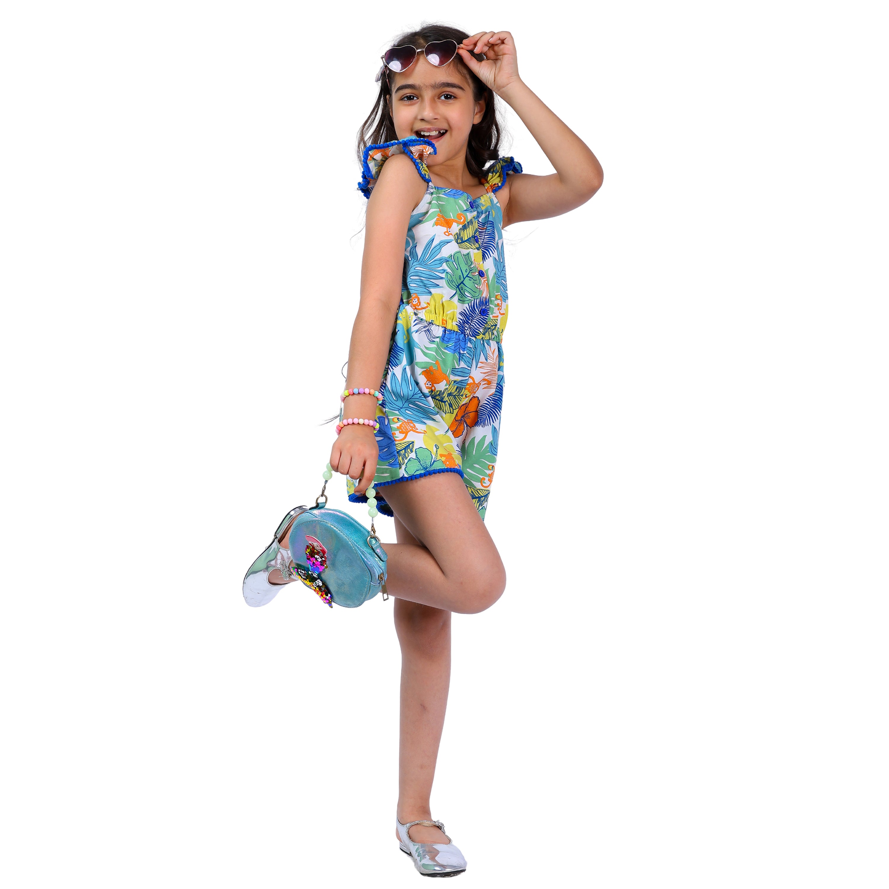 Girls Tropical Print Multi  Stylish Comfortable  Short Jumpsuit Multi