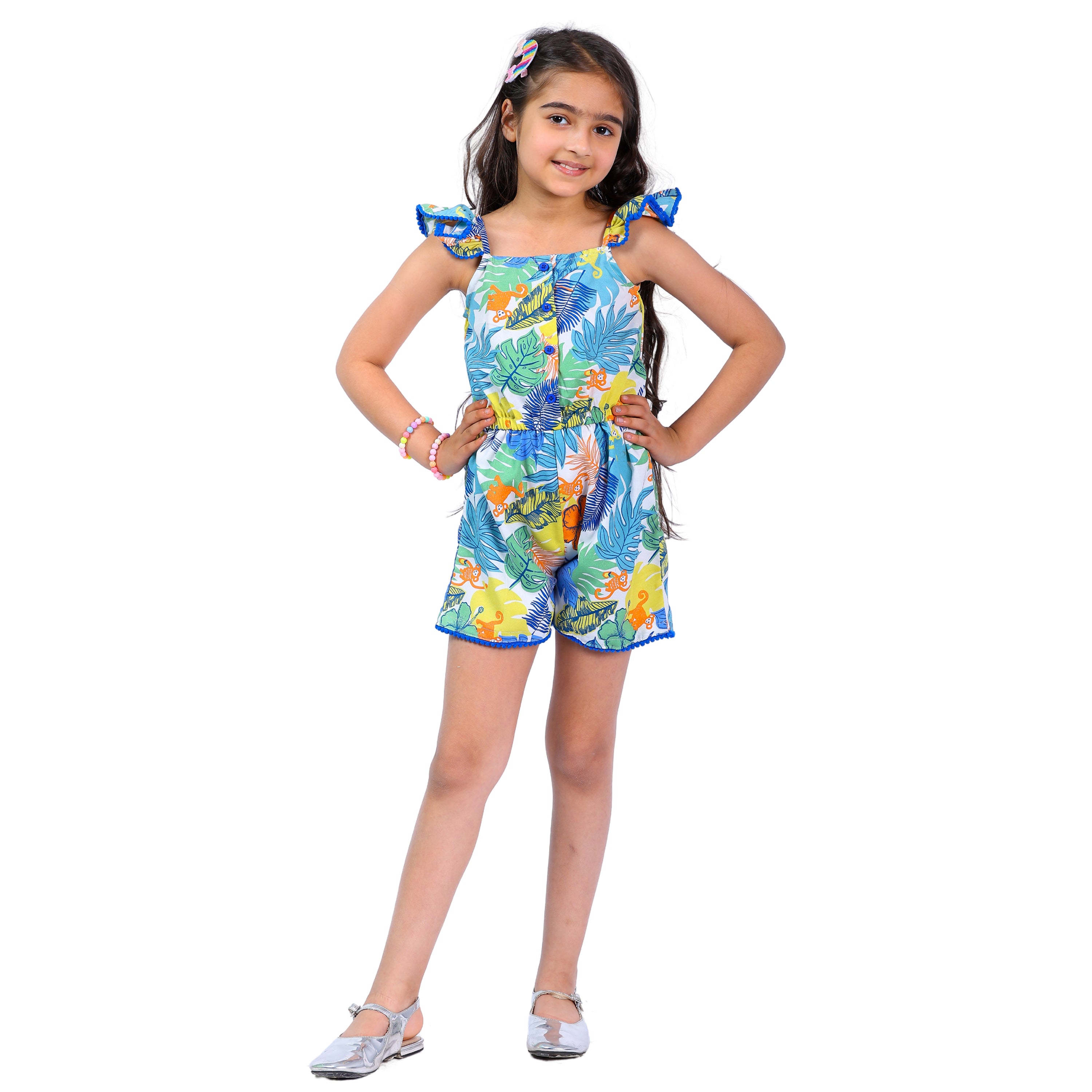 Girls Tropical Print Multi  Stylish Comfortable  Short Jumpsuit Multi
