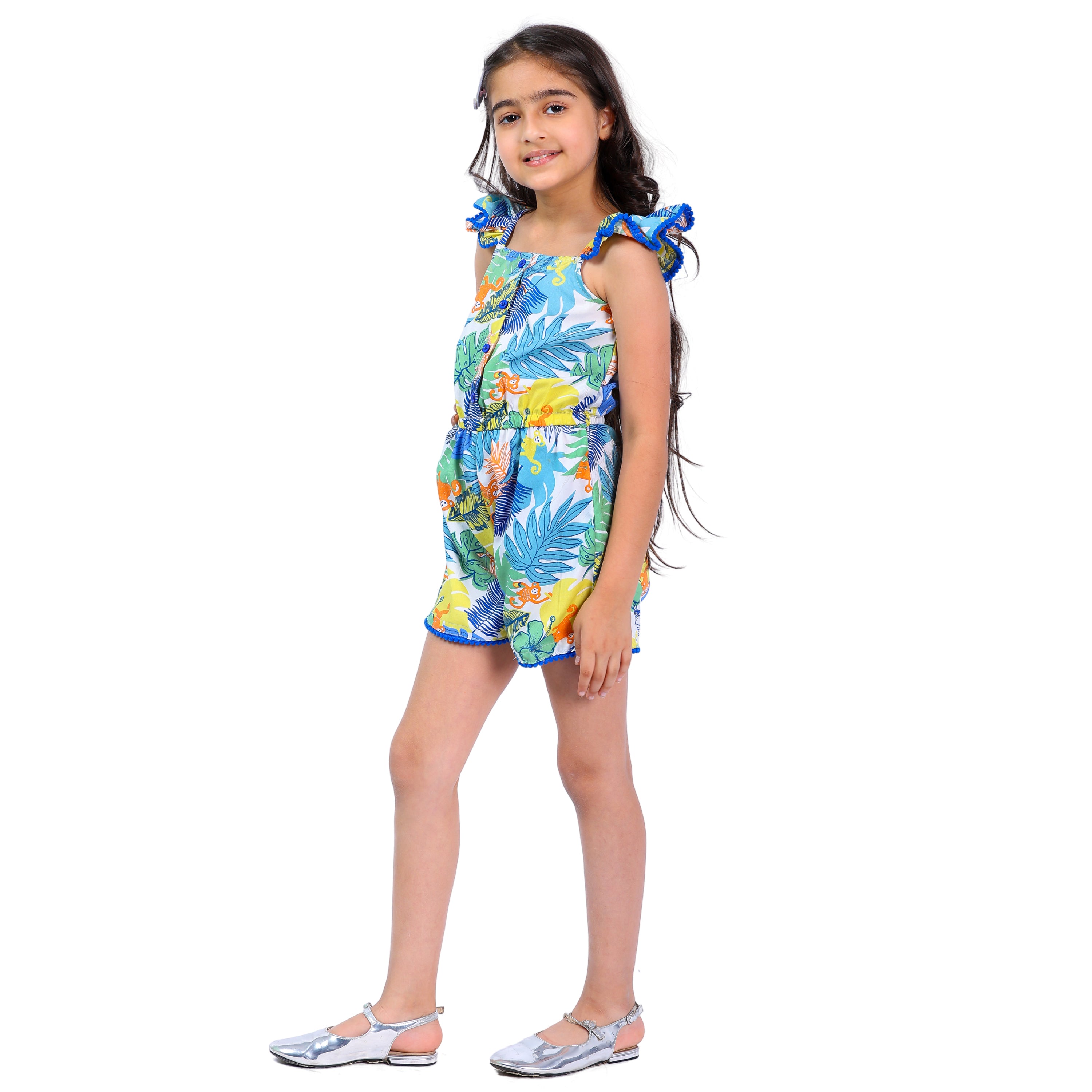 Girls Tropical Print Multi  Stylish Comfortable  Short Jumpsuit Multi