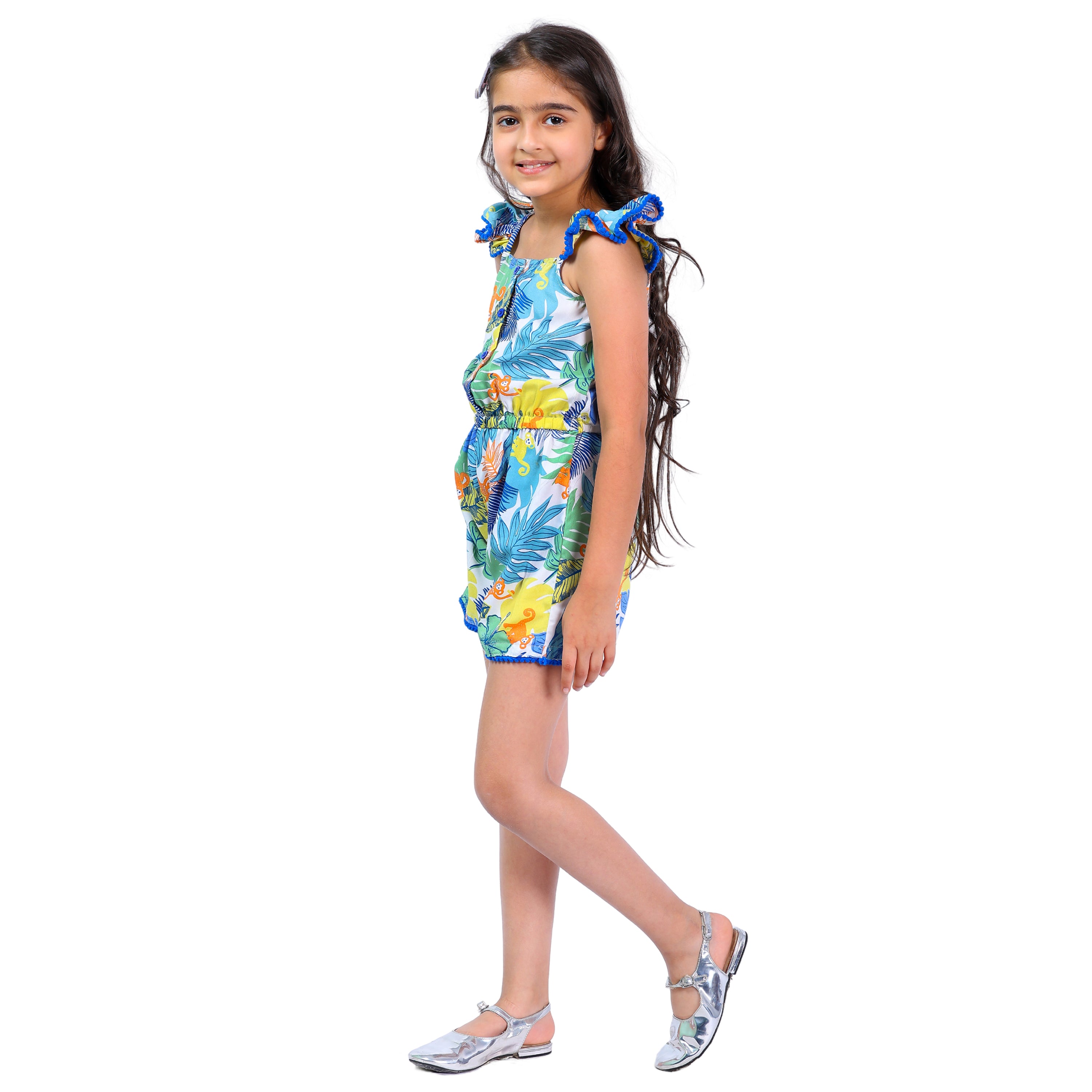 Girls Tropical Print Multi  Stylish Comfortable  Short Jumpsuit Multi