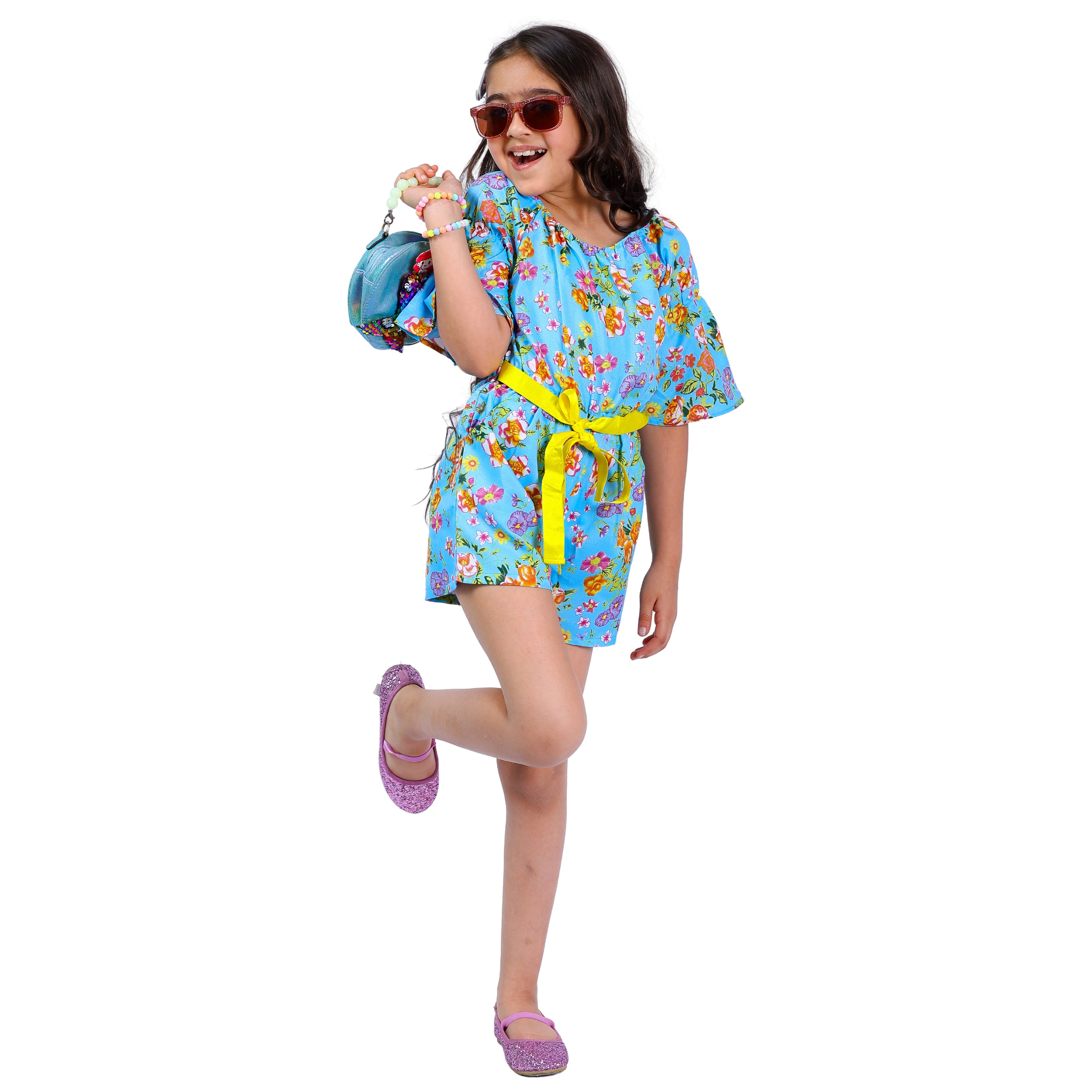 Girls Blue Flora Stylish Comfortable Short Jumpsuit With Yellow Clr Belt 