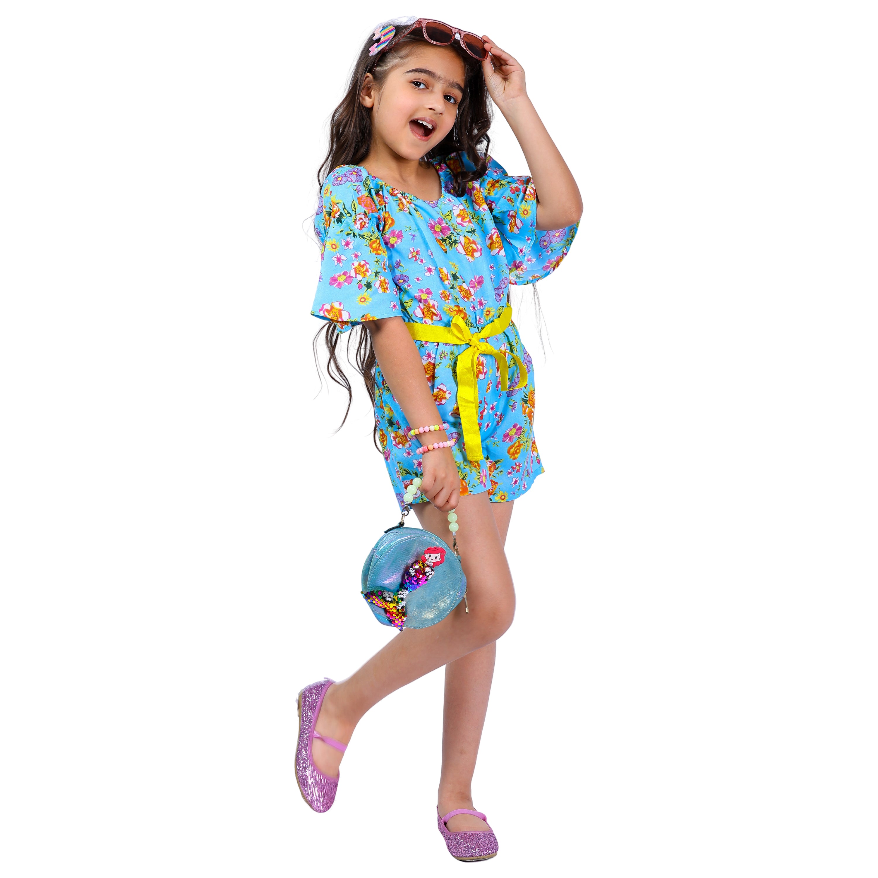 Girls Blue Flora Stylish Comfortable Short Jumpsuit With Yellow Clr Belt 