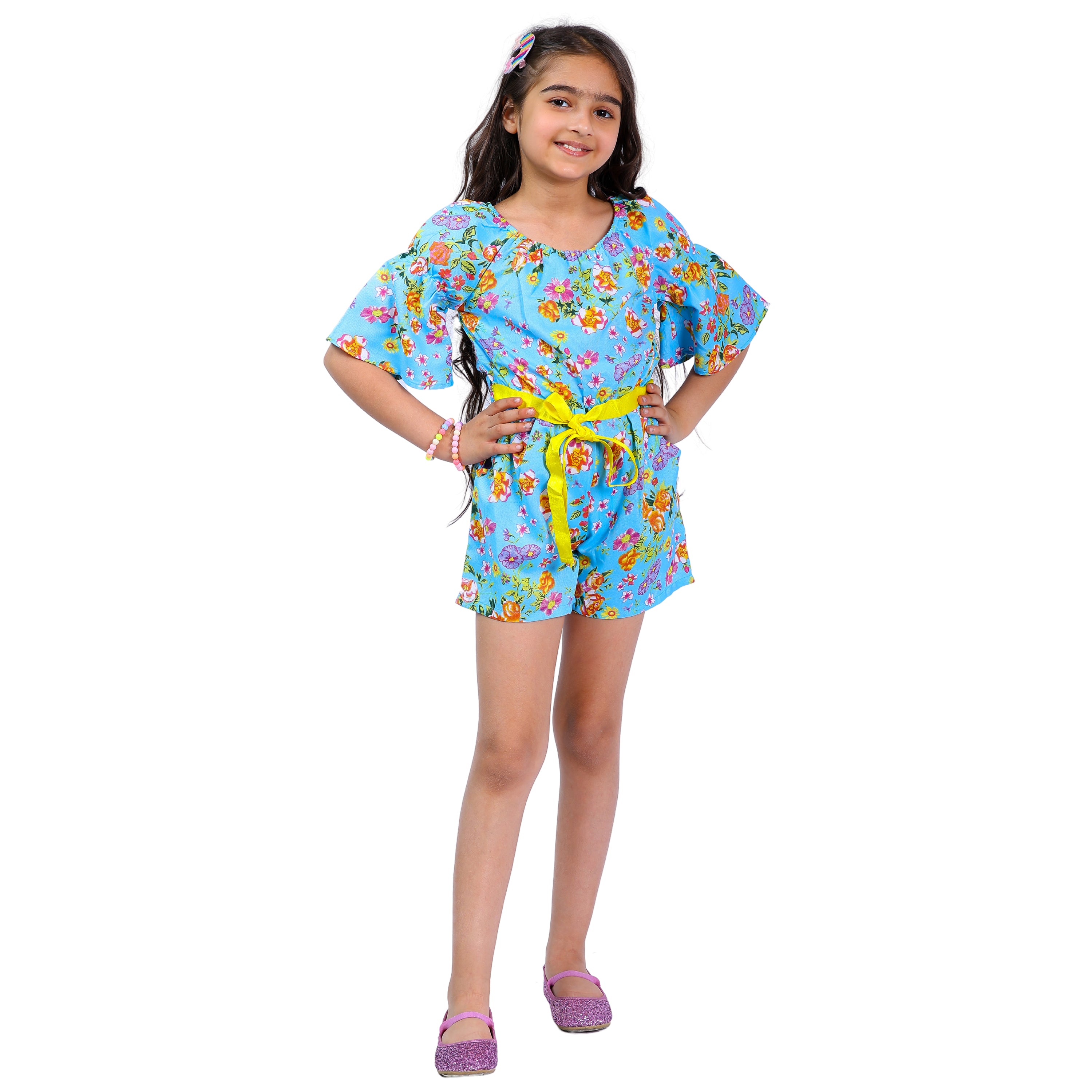 Girls Blue Flora Stylish Comfortable Short Jumpsuit With Yellow Clr Belt 