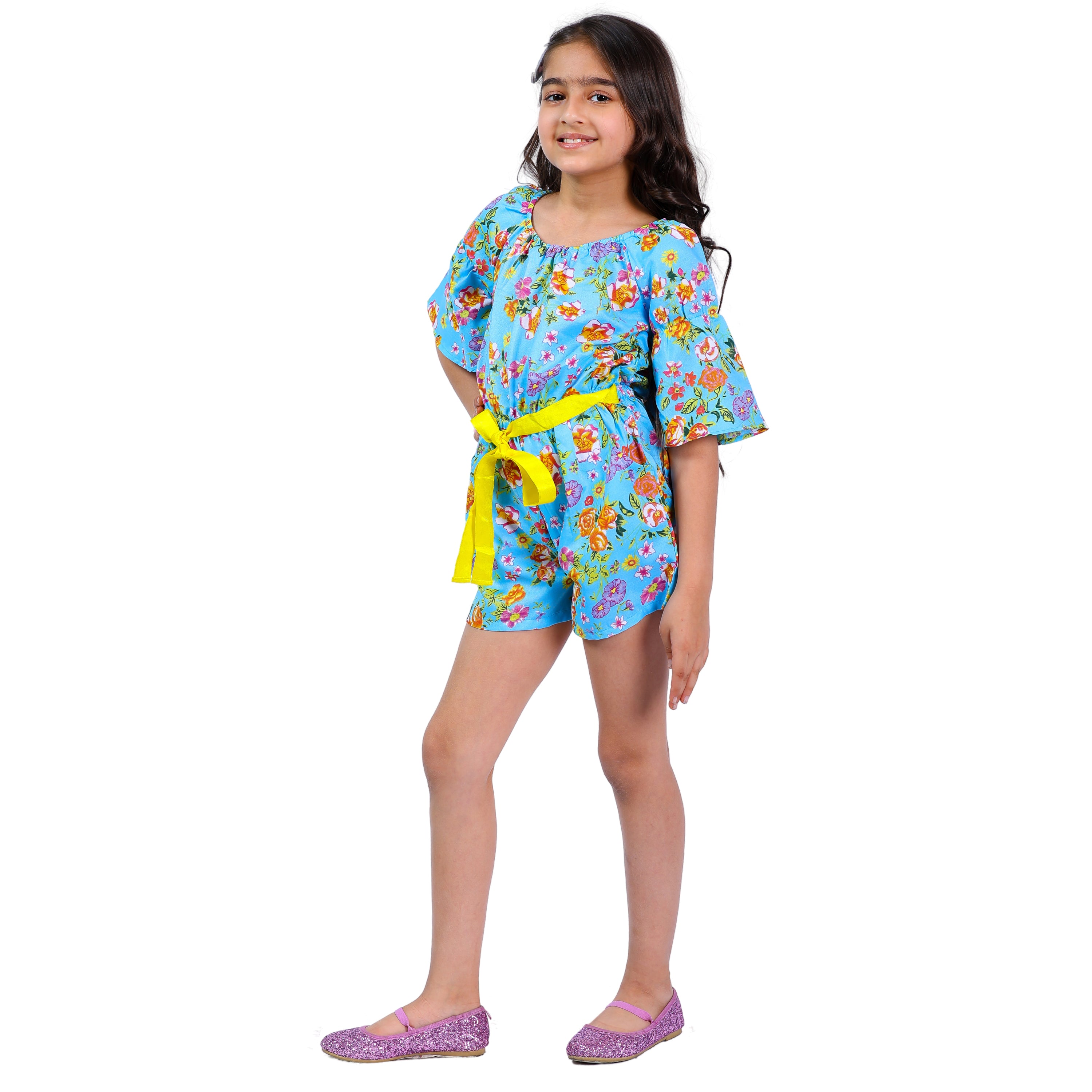 Girls Blue Flora Stylish Comfortable Short Jumpsuit With Yellow Clr Belt 
