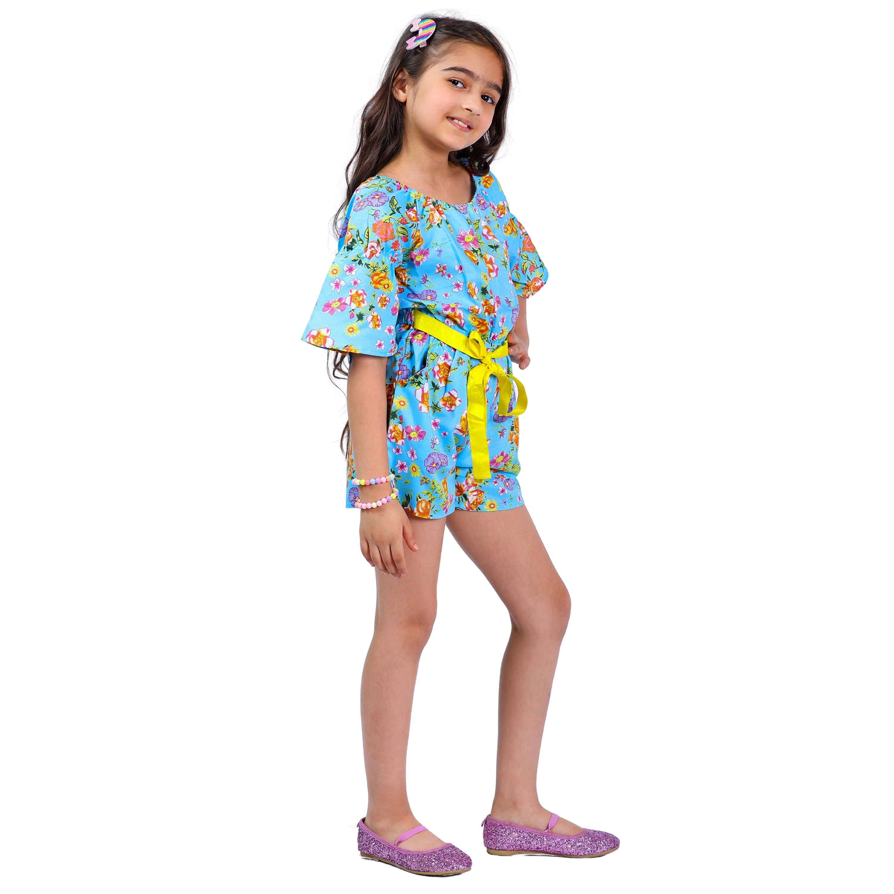 Girls Blue Flora Stylish Comfortable Short Jumpsuit With Yellow Clr Belt 