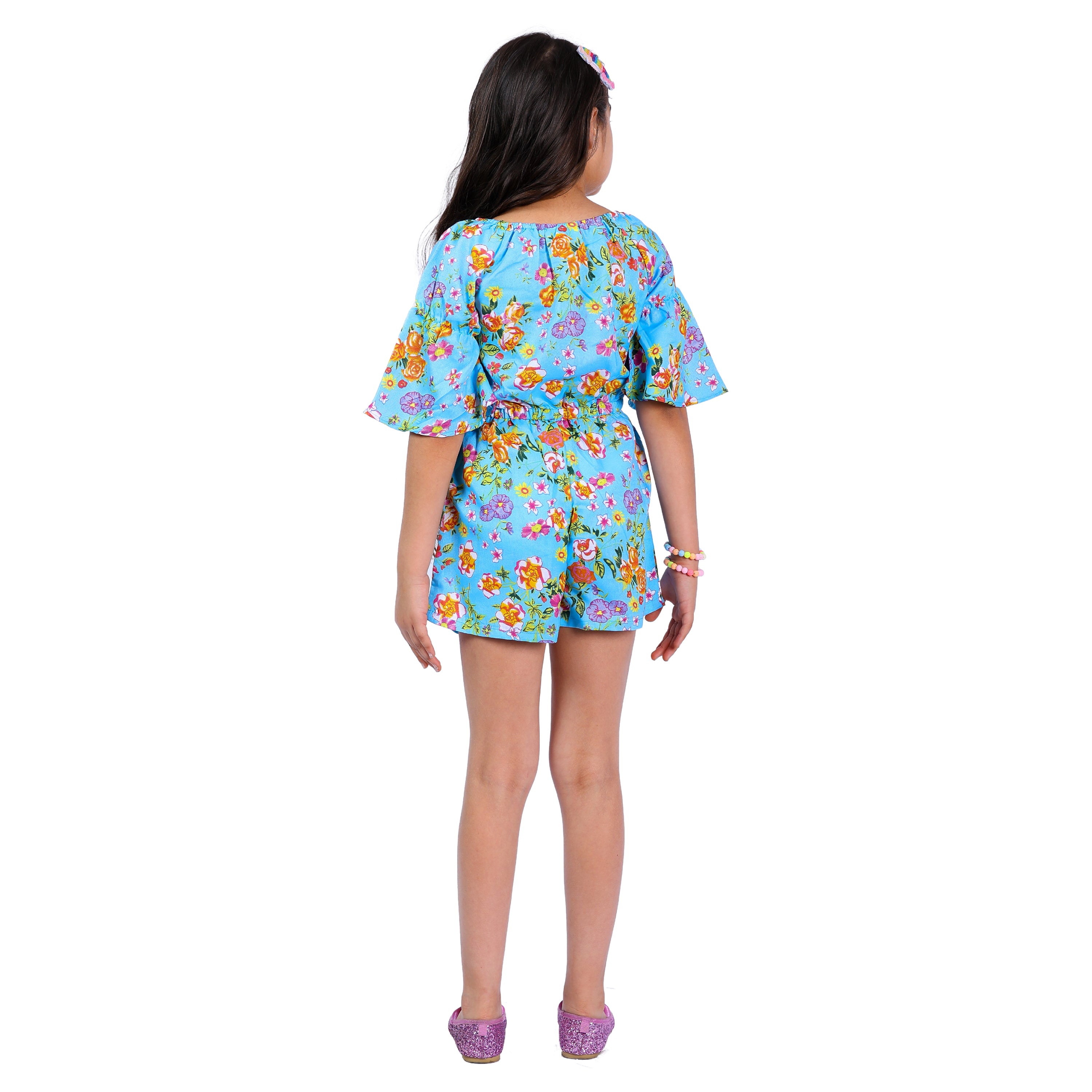 Girls Blue Flora Stylish Comfortable Short Jumpsuit With Yellow Clr Belt 