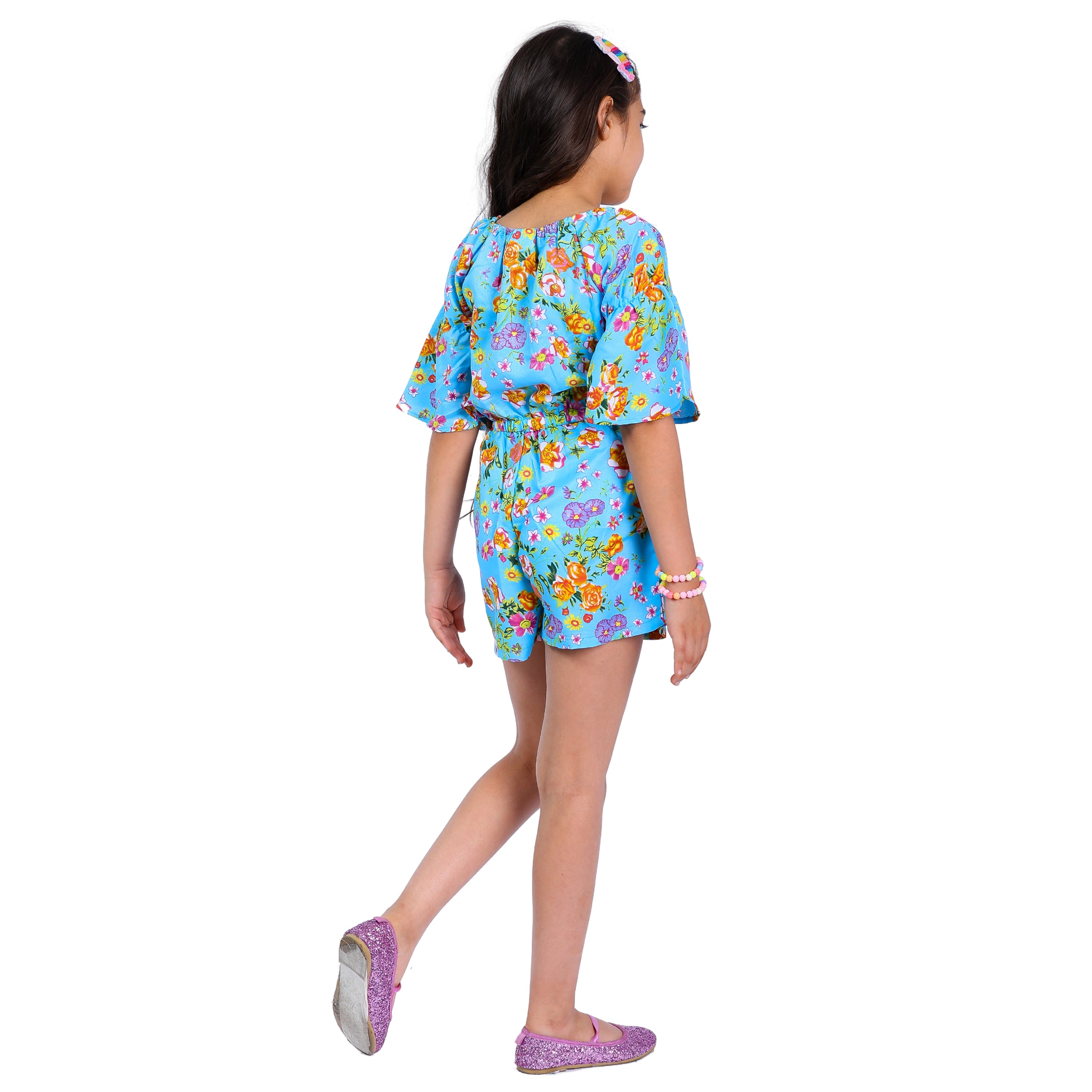 Girls Blue Flora Stylish Comfortable Short Jumpsuit With Yellow Clr Belt 