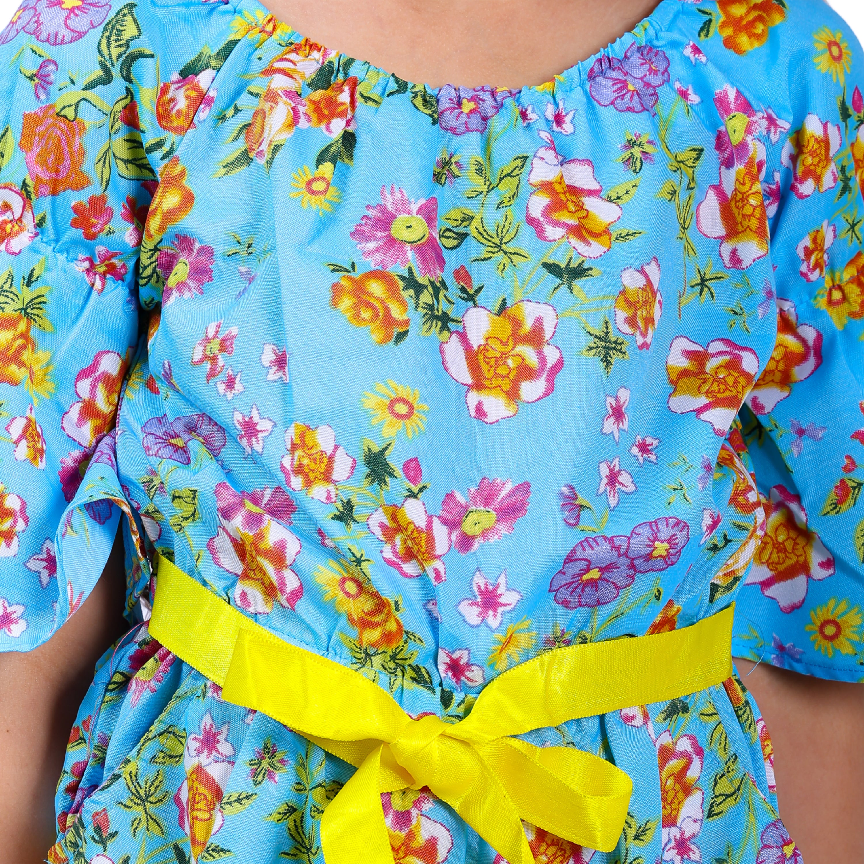 Girls Blue Flora Stylish Comfortable Short Jumpsuit With Yellow Clr Belt 