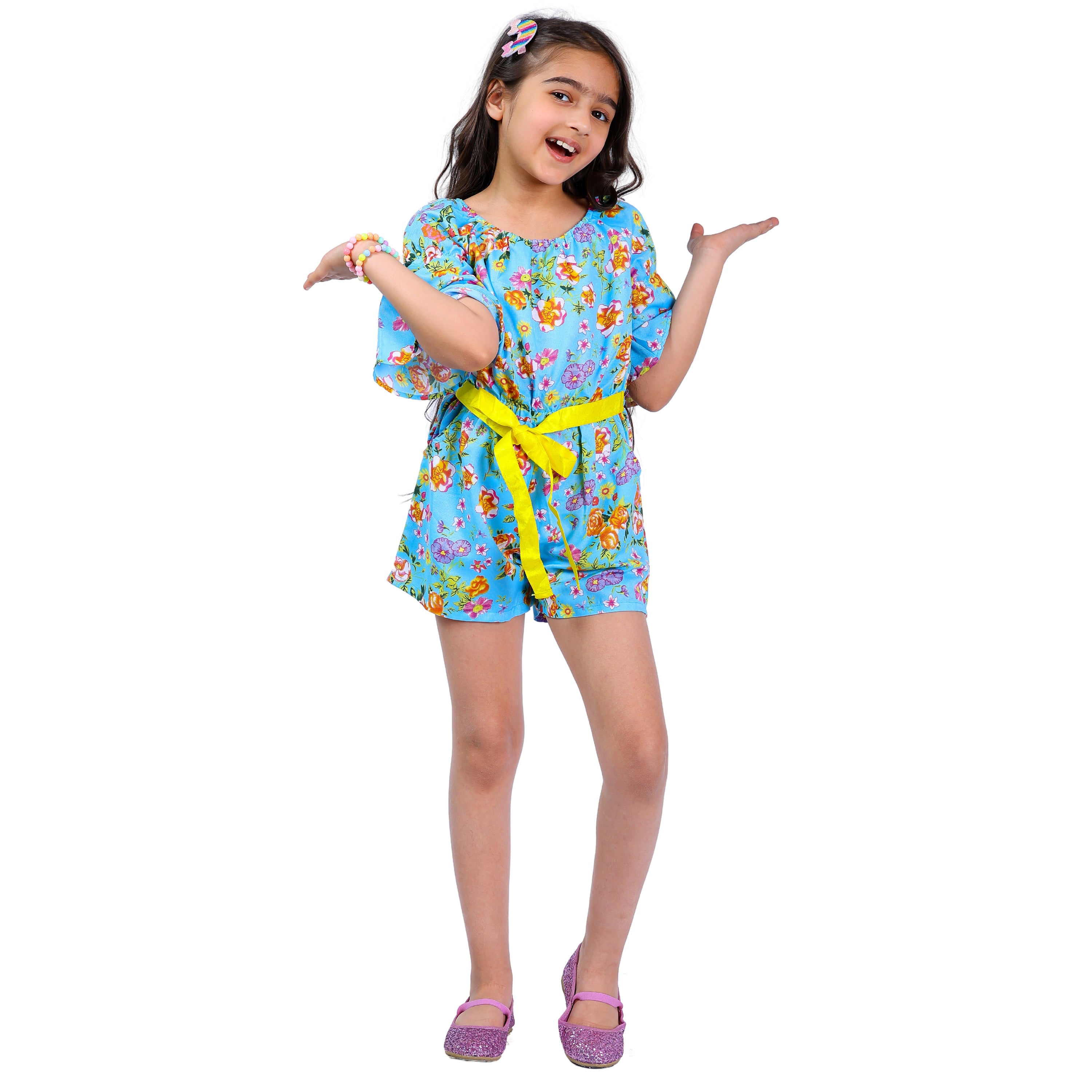 Girls Blue Flora Stylish Comfortable Short Jumpsuit With Yellow Clr Belt 