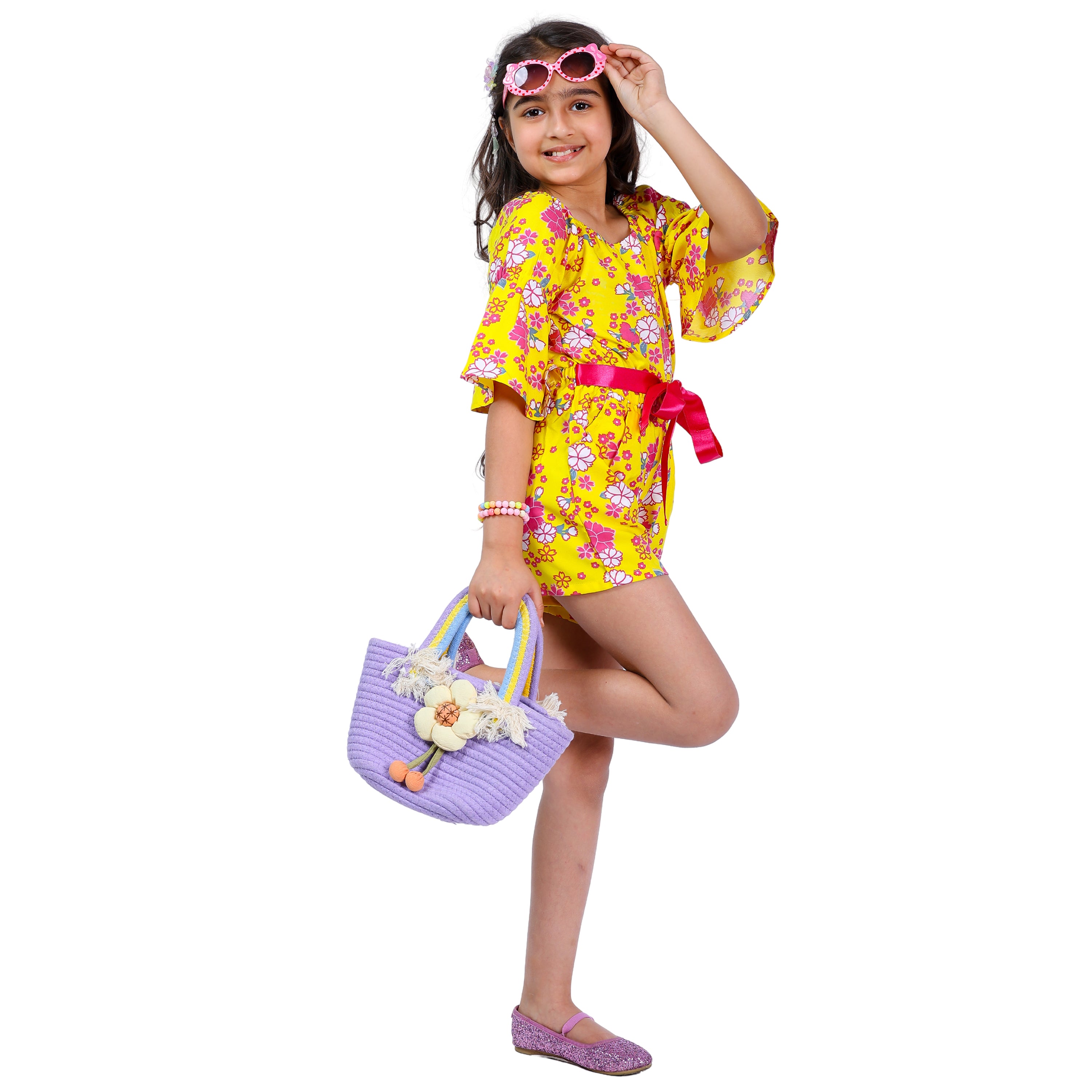 Girls Yellow Floral Stylish Comfortable Short Jumpsuit With Pink Clr Belt