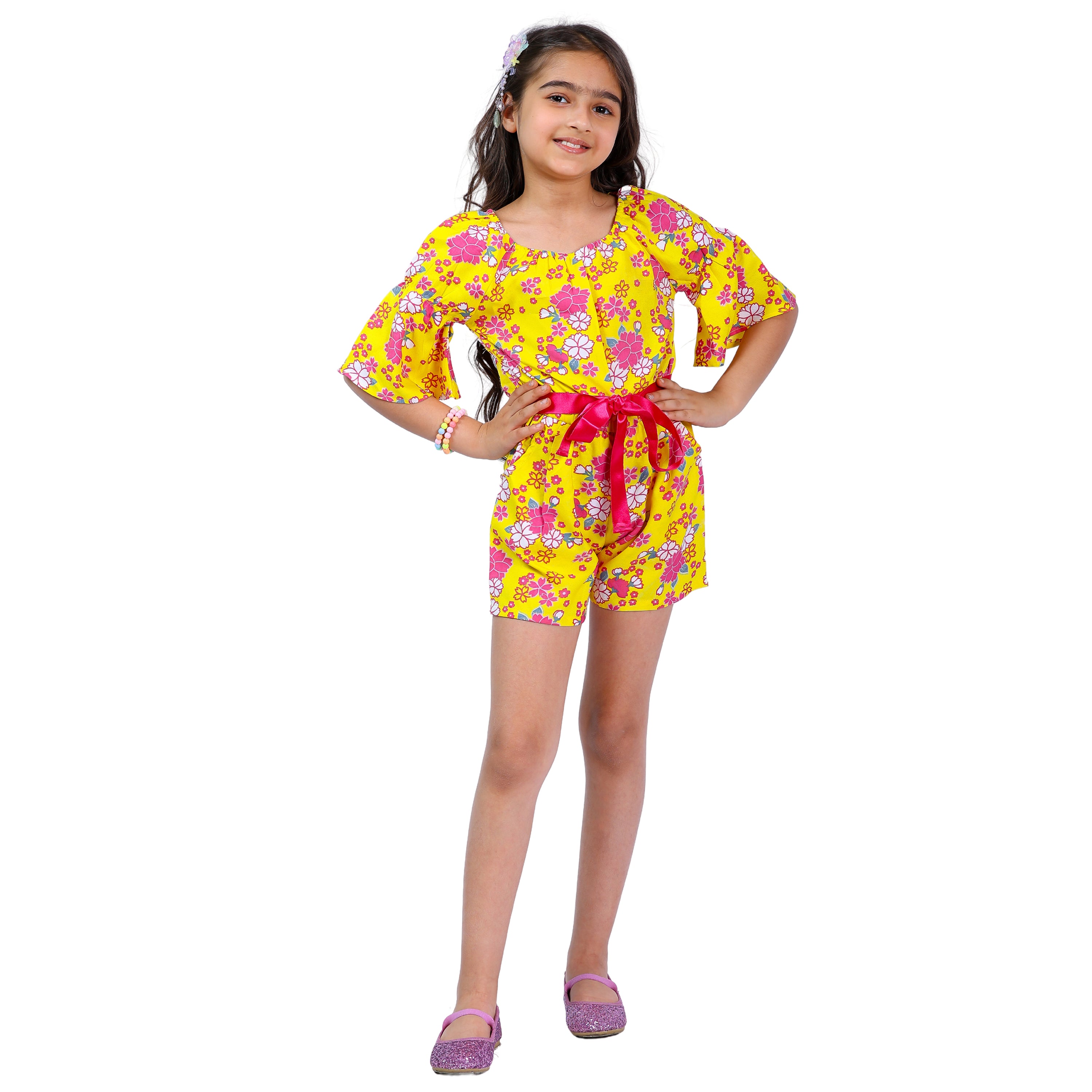 Girls Yellow Floral Stylish Comfortable Short Jumpsuit With Pink Clr Belt