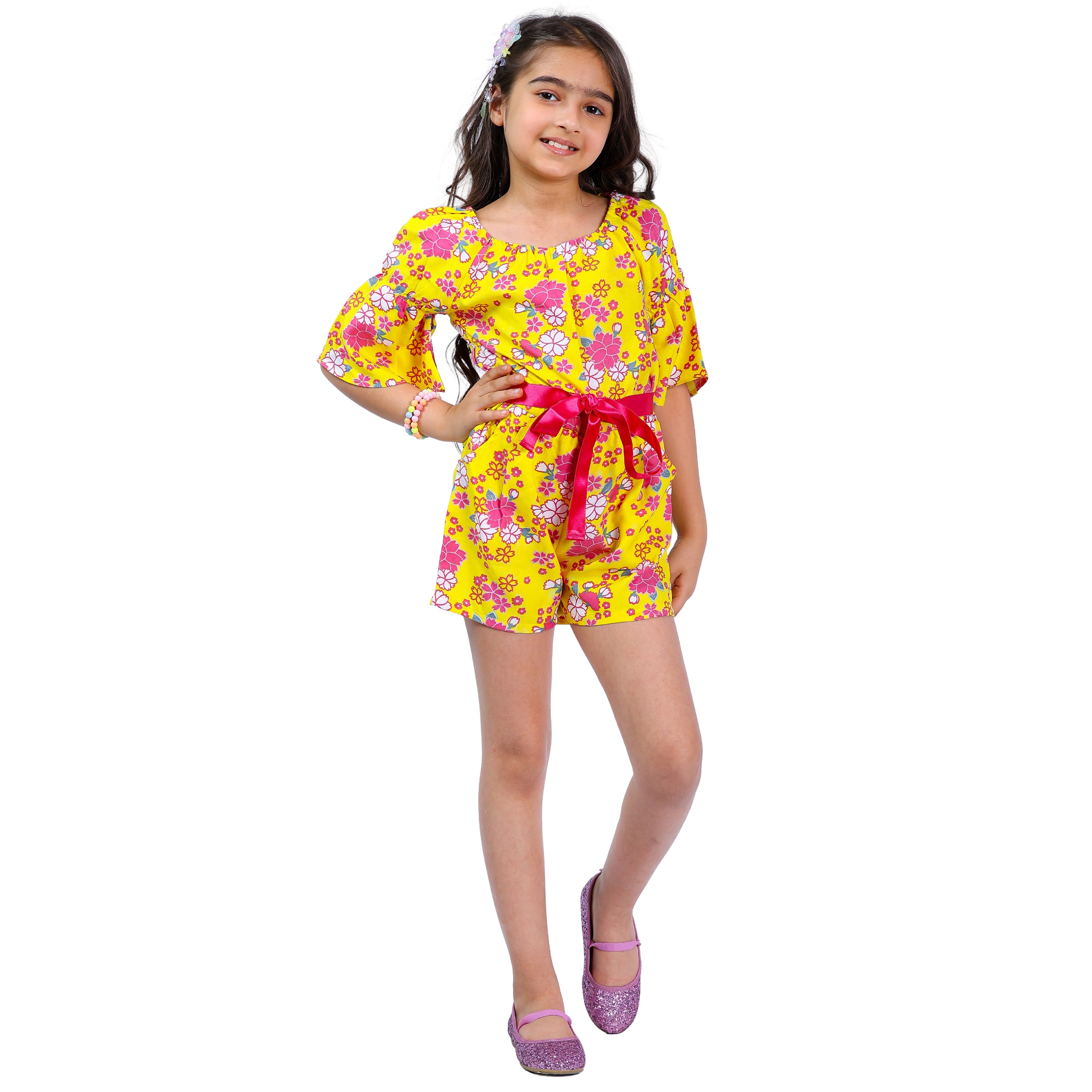 Girls Yellow Floral Stylish Comfortable Short Jumpsuit With Pink Clr Belt