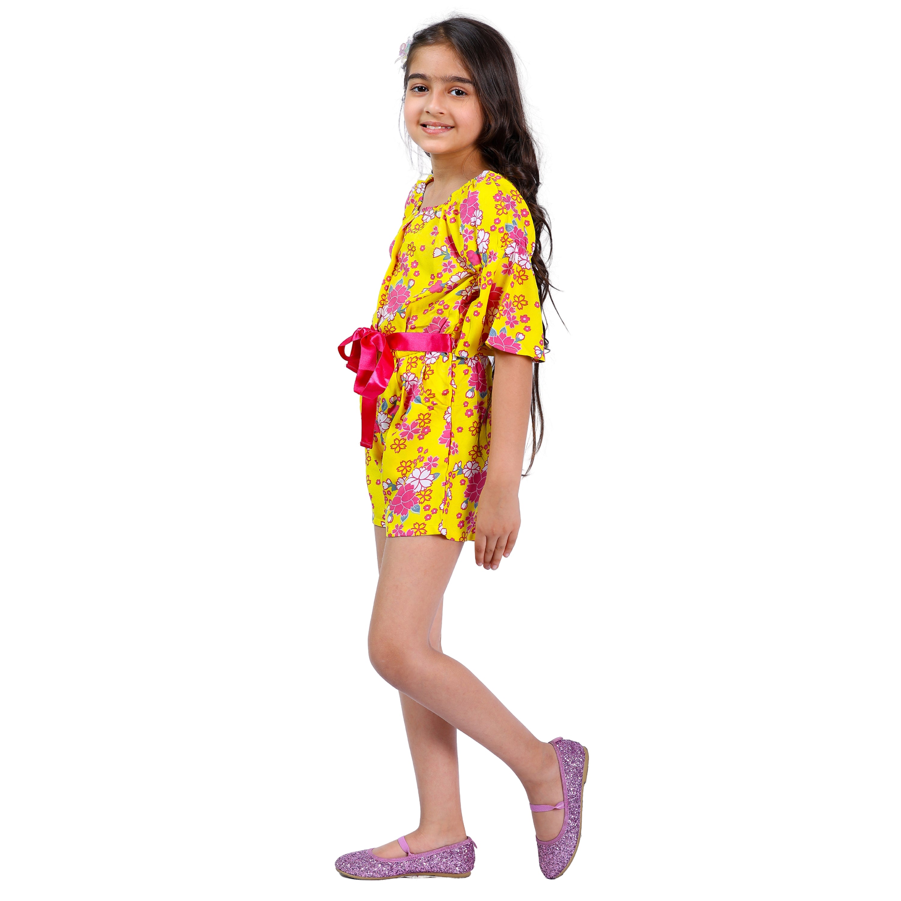 Girls Yellow Floral Stylish Comfortable Short Jumpsuit With Pink Clr Belt