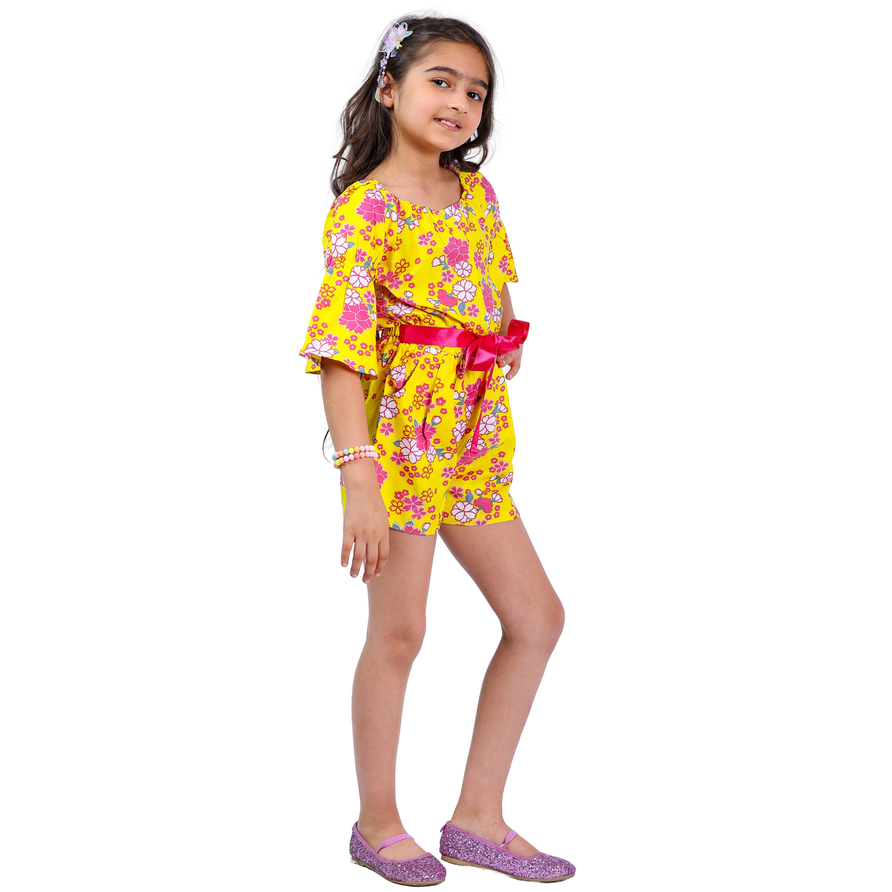 Girls Yellow Floral Stylish Comfortable Short Jumpsuit With Pink Clr Belt
