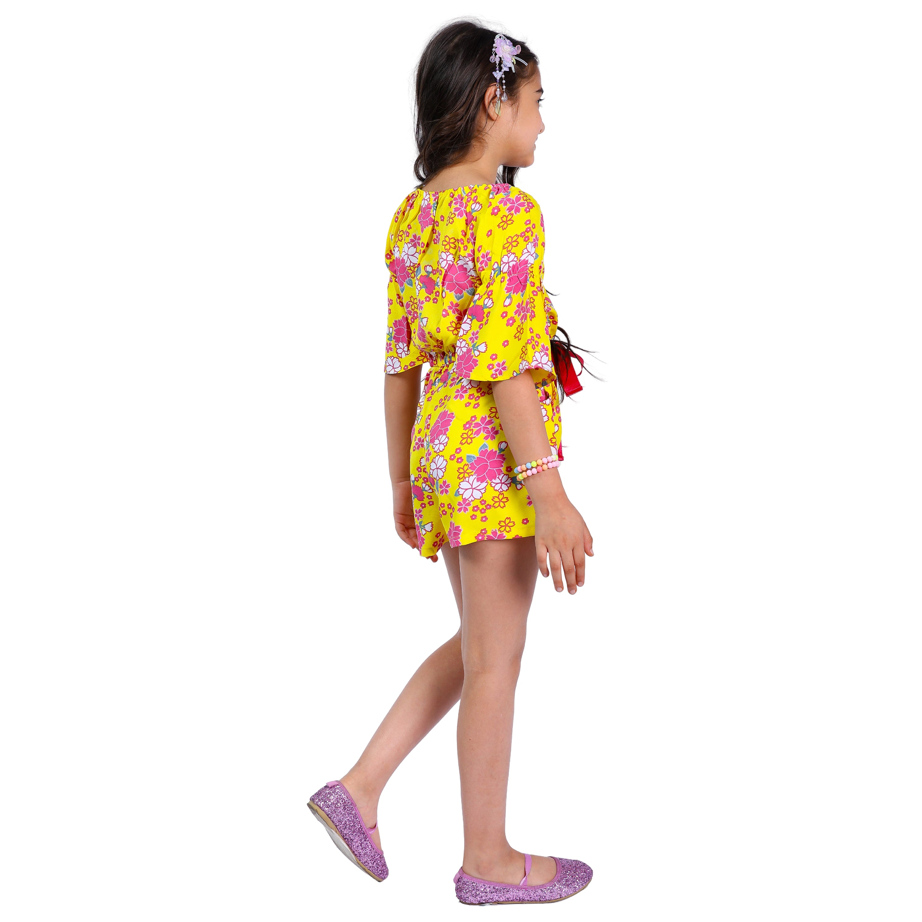 Girls Yellow Floral Stylish Comfortable Short Jumpsuit With Pink Clr Belt