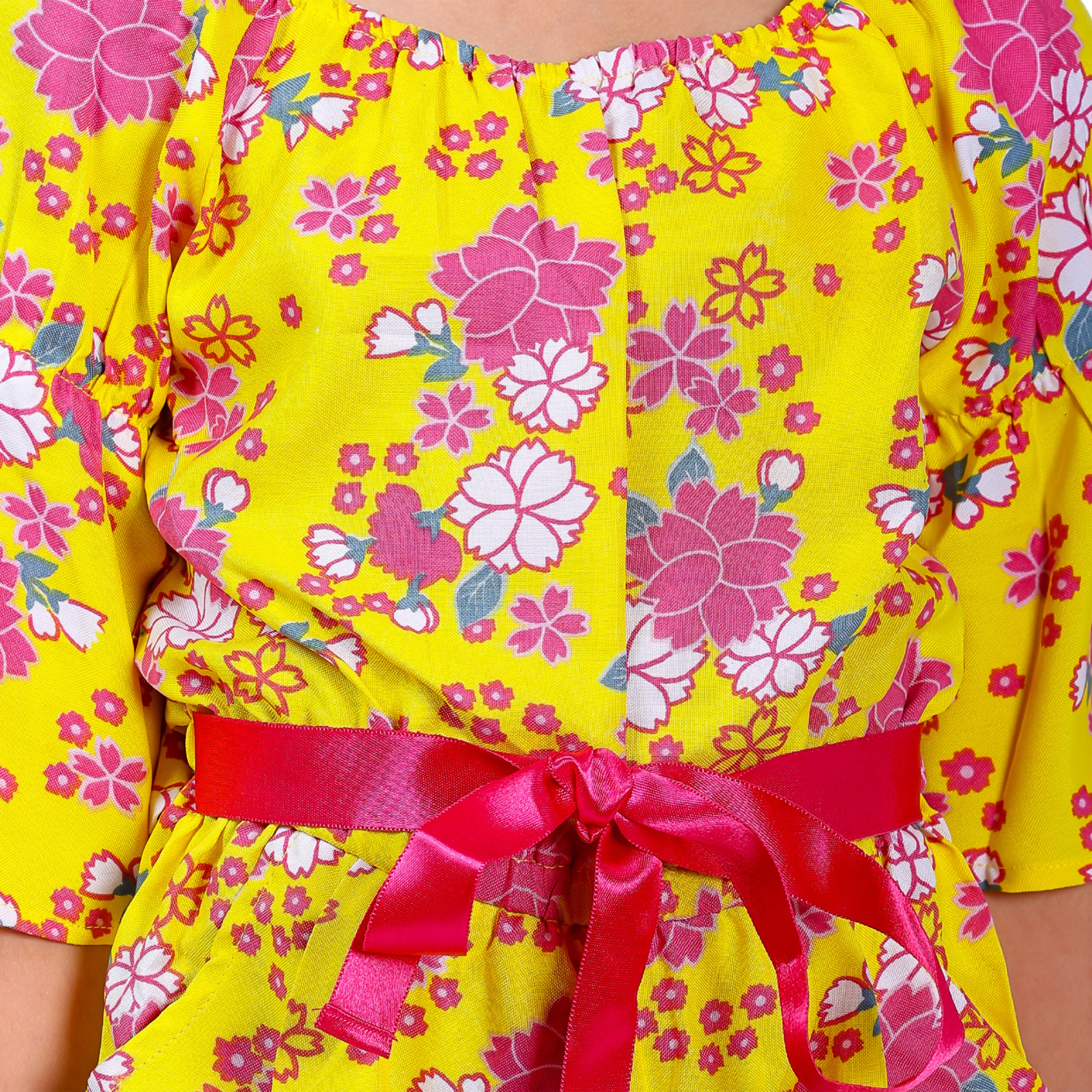 Girls Yellow Floral Stylish Comfortable Short Jumpsuit With Pink Clr Belt