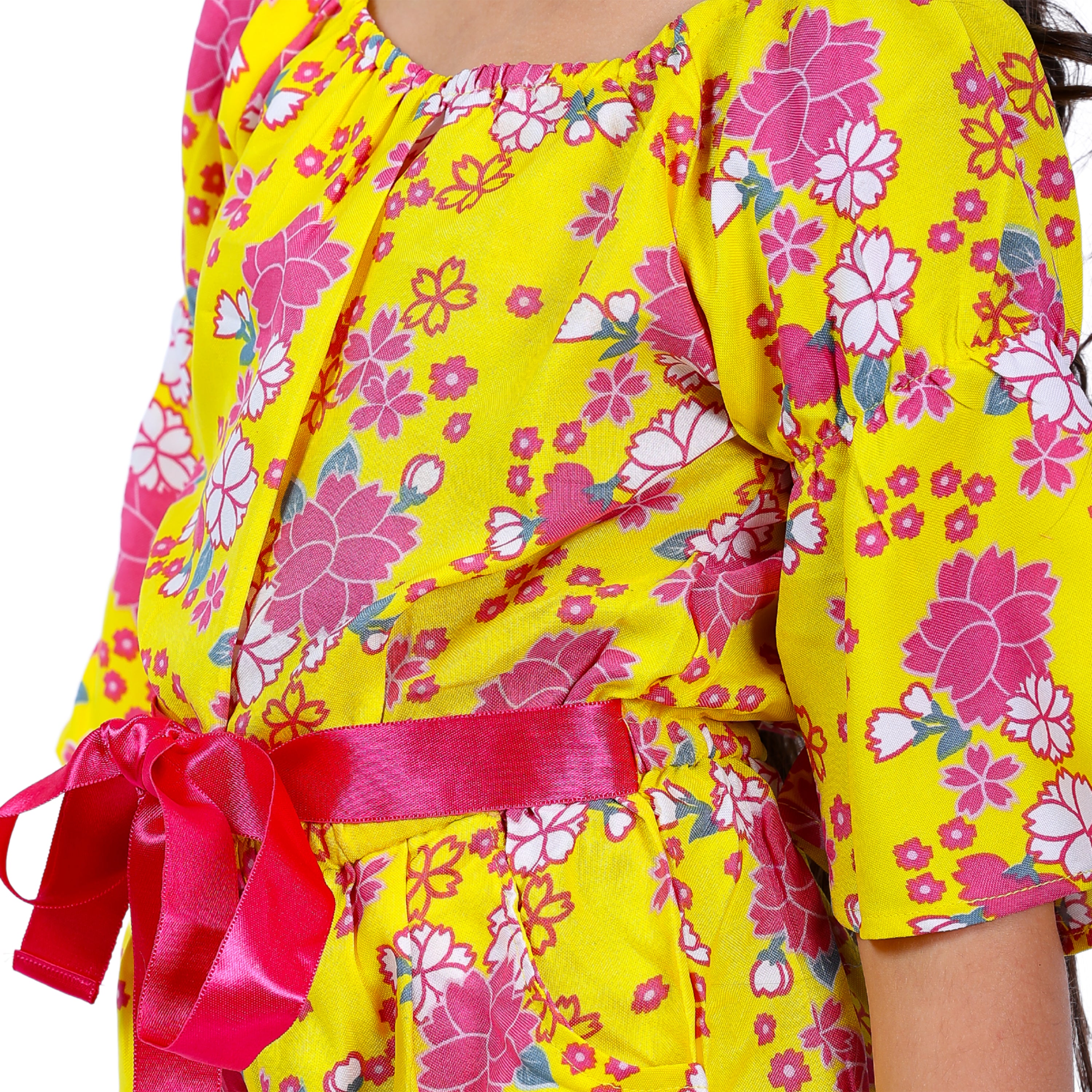 Girls Yellow Floral Stylish Comfortable Short Jumpsuit With Pink Clr Belt