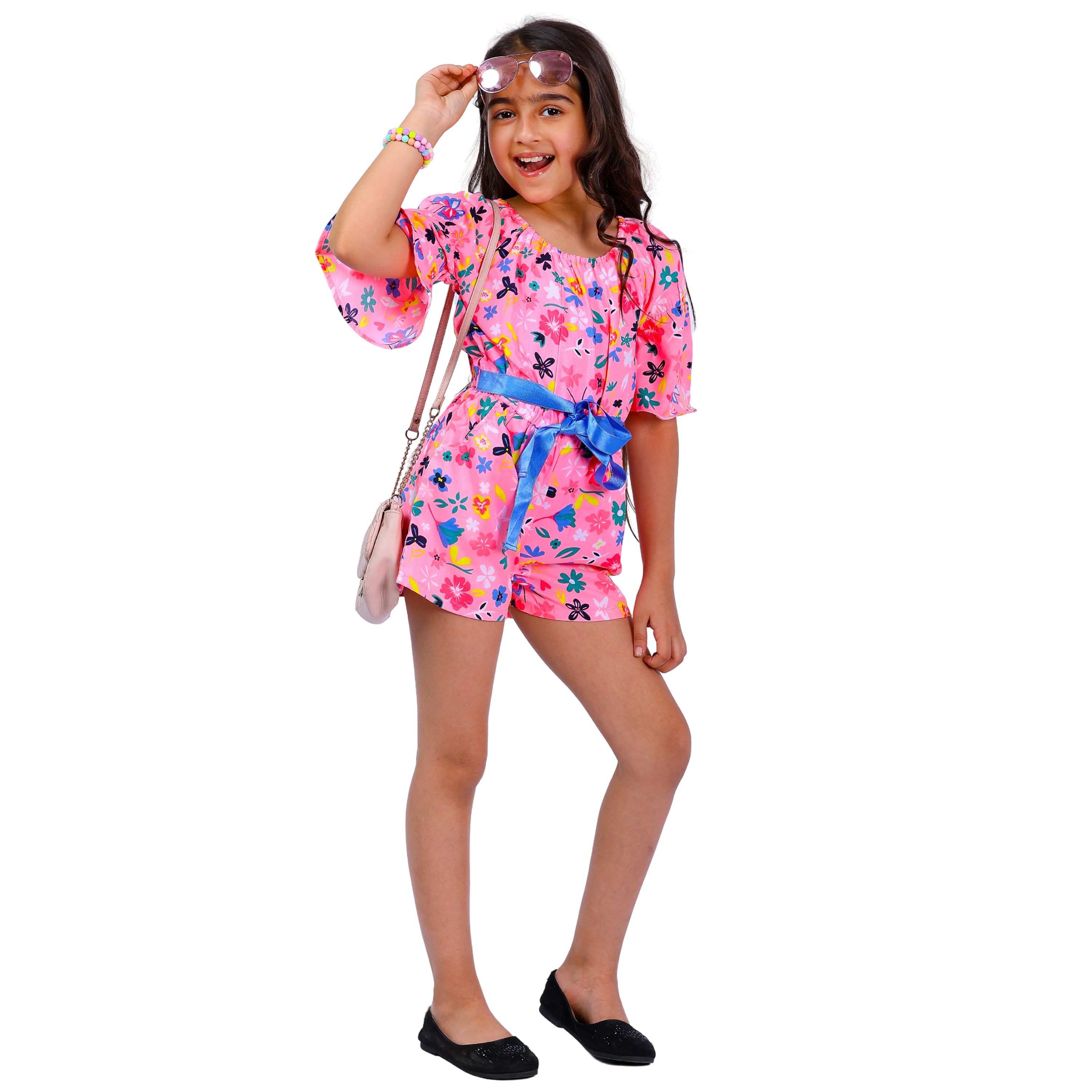 Girls Neon Pink Floral Stylish Comfortable Short Jumpsuit With Blue Belt 