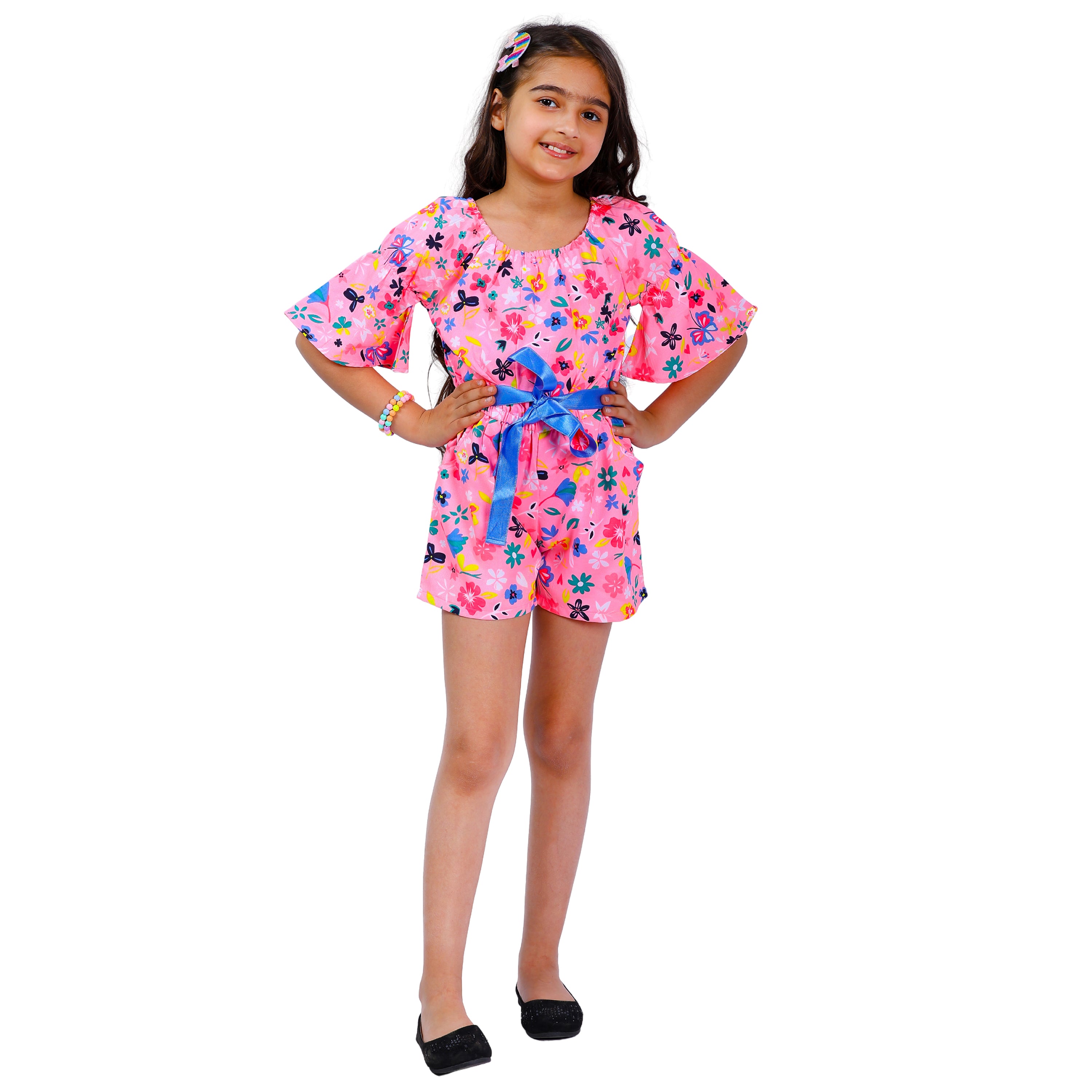 Girls Neon Pink Floral Stylish Comfortable Short Jumpsuit With Blue Belt 
