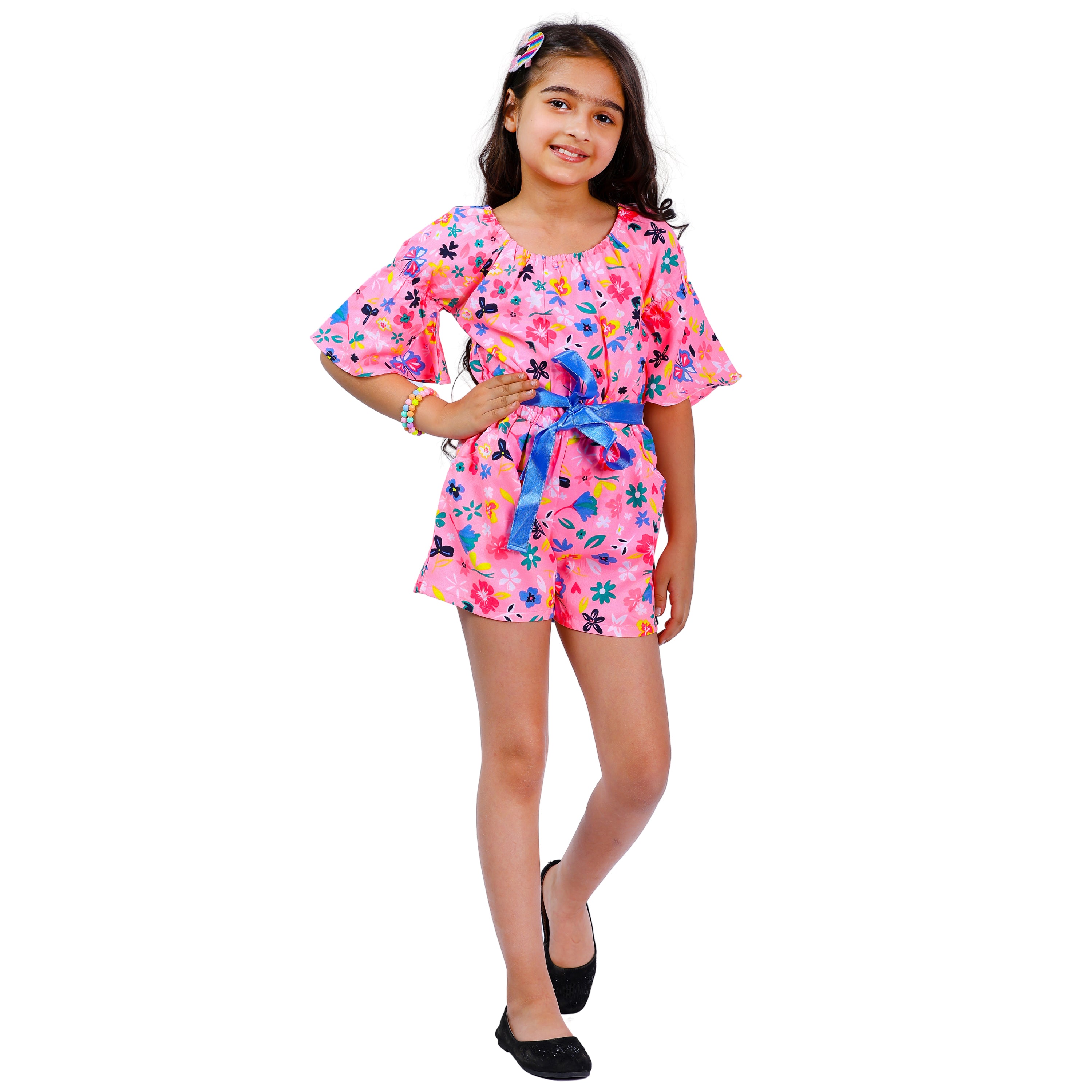 Girls Neon Pink Floral Stylish Comfortable Short Jumpsuit With Blue Belt 