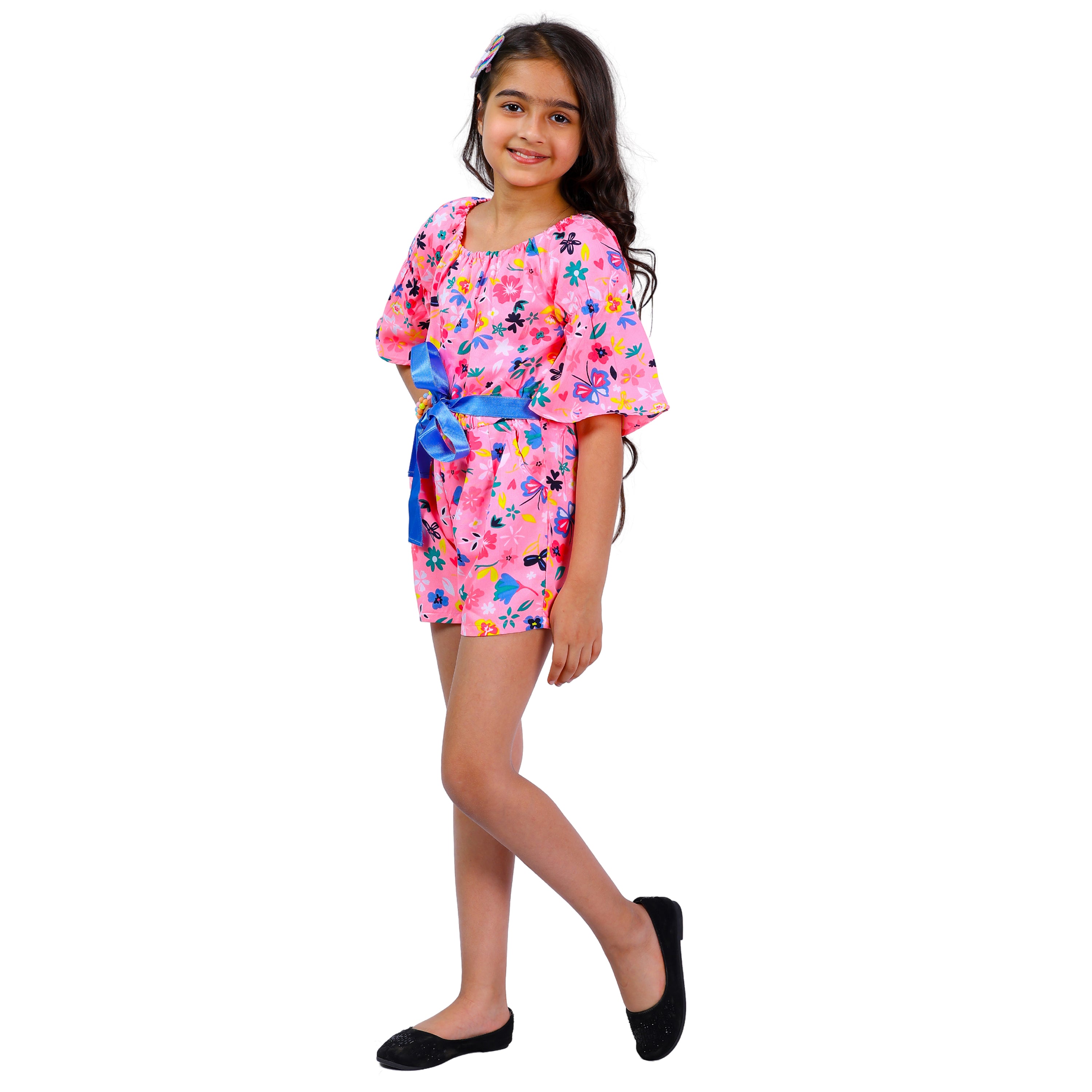 Girls Neon Pink Floral Stylish Comfortable Short Jumpsuit With Blue Belt 