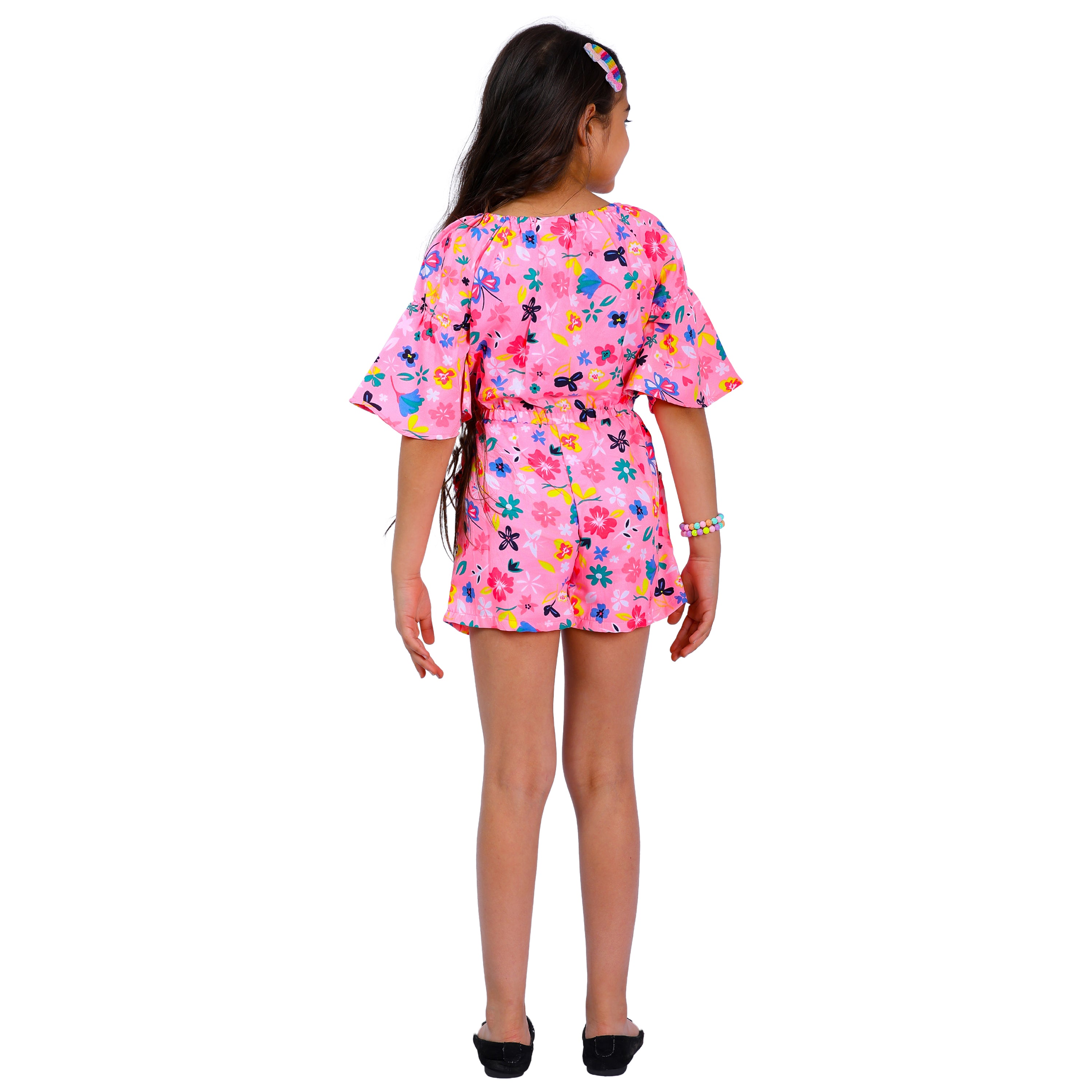 Girls Neon Pink Floral Stylish Comfortable Short Jumpsuit With Blue Belt 