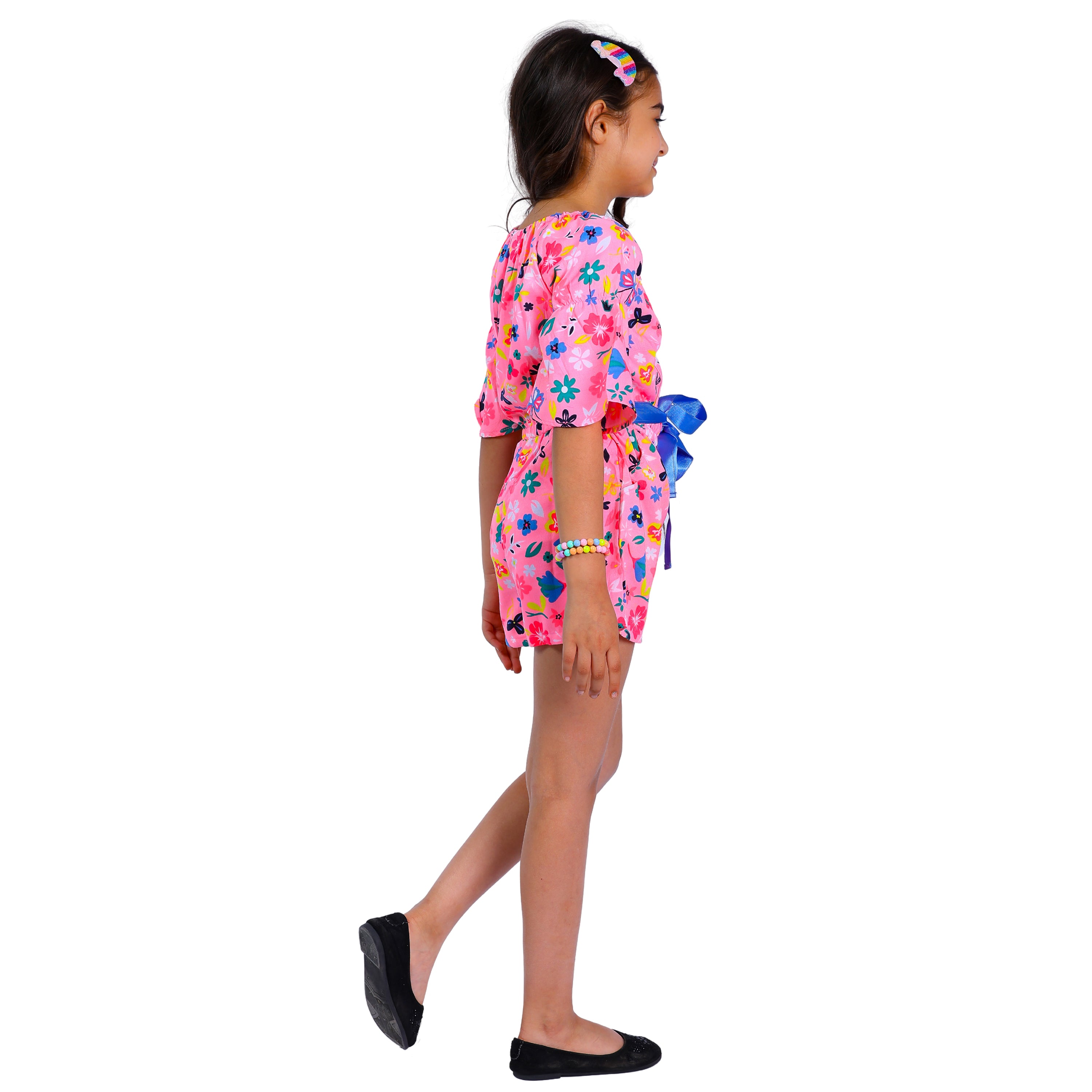 Girls Neon Pink Floral Stylish Comfortable Short Jumpsuit With Blue Belt 