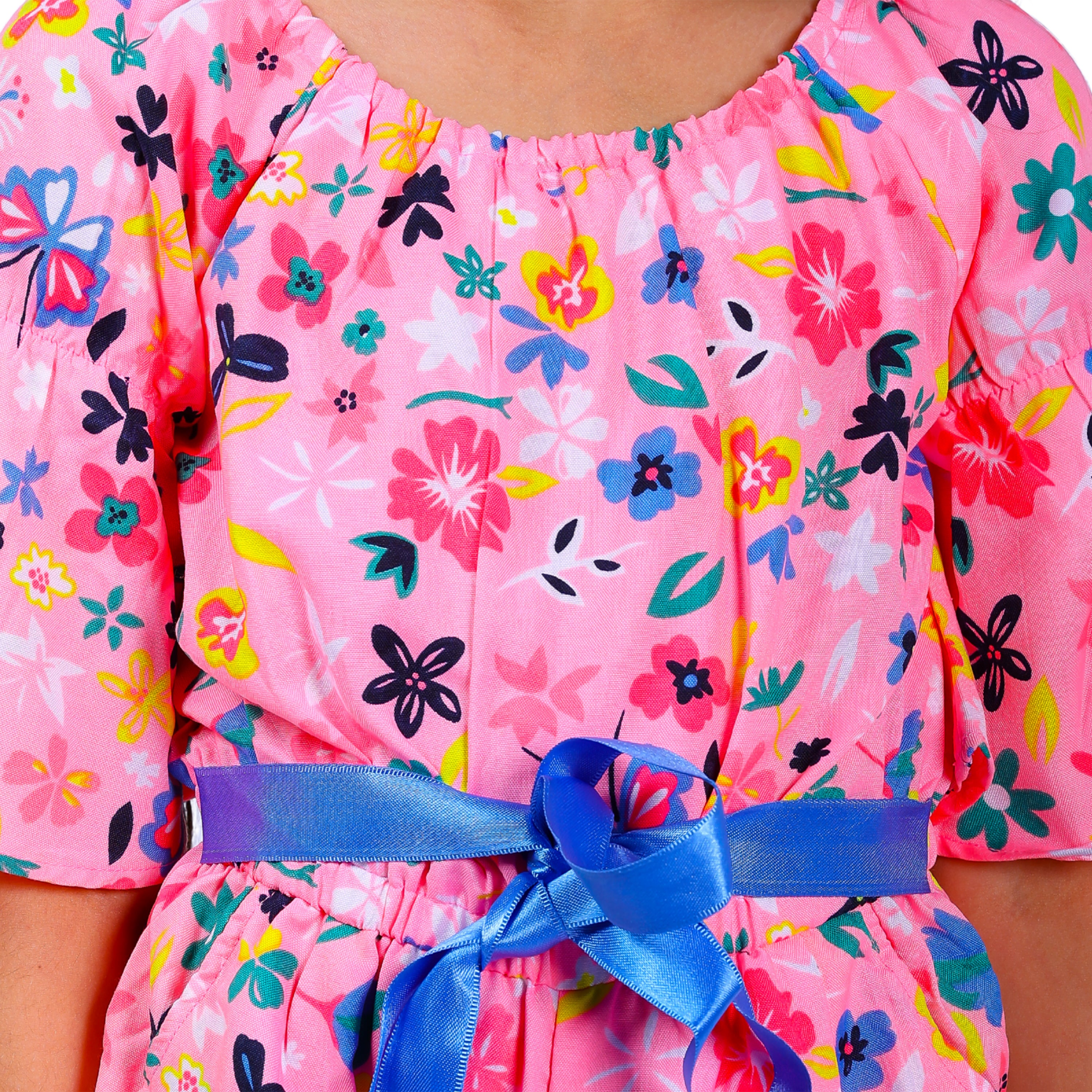 Girls Neon Pink Floral Stylish Comfortable Short Jumpsuit With Blue Belt 
