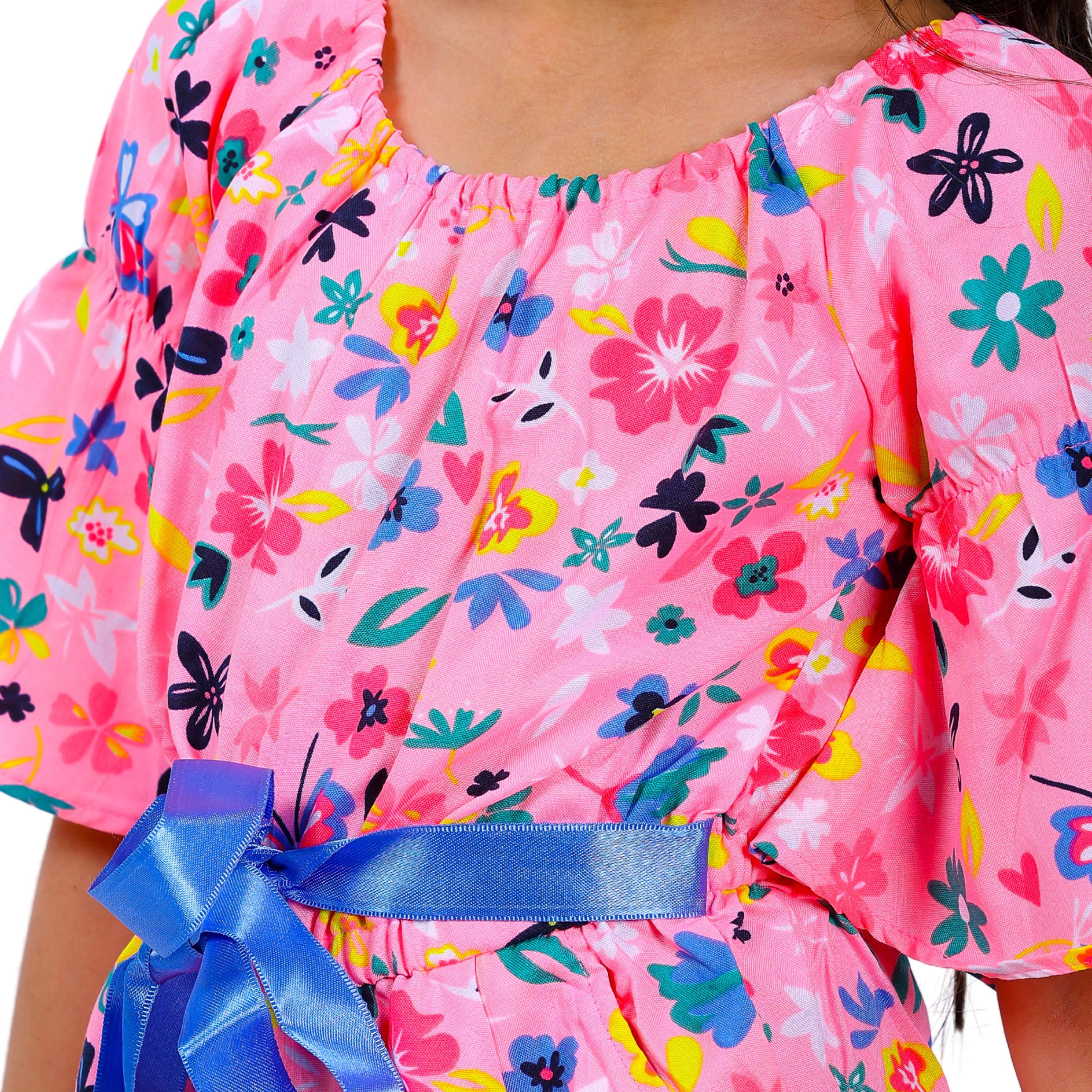 Girls Neon Pink Floral Stylish Comfortable Short Jumpsuit With Blue Belt 