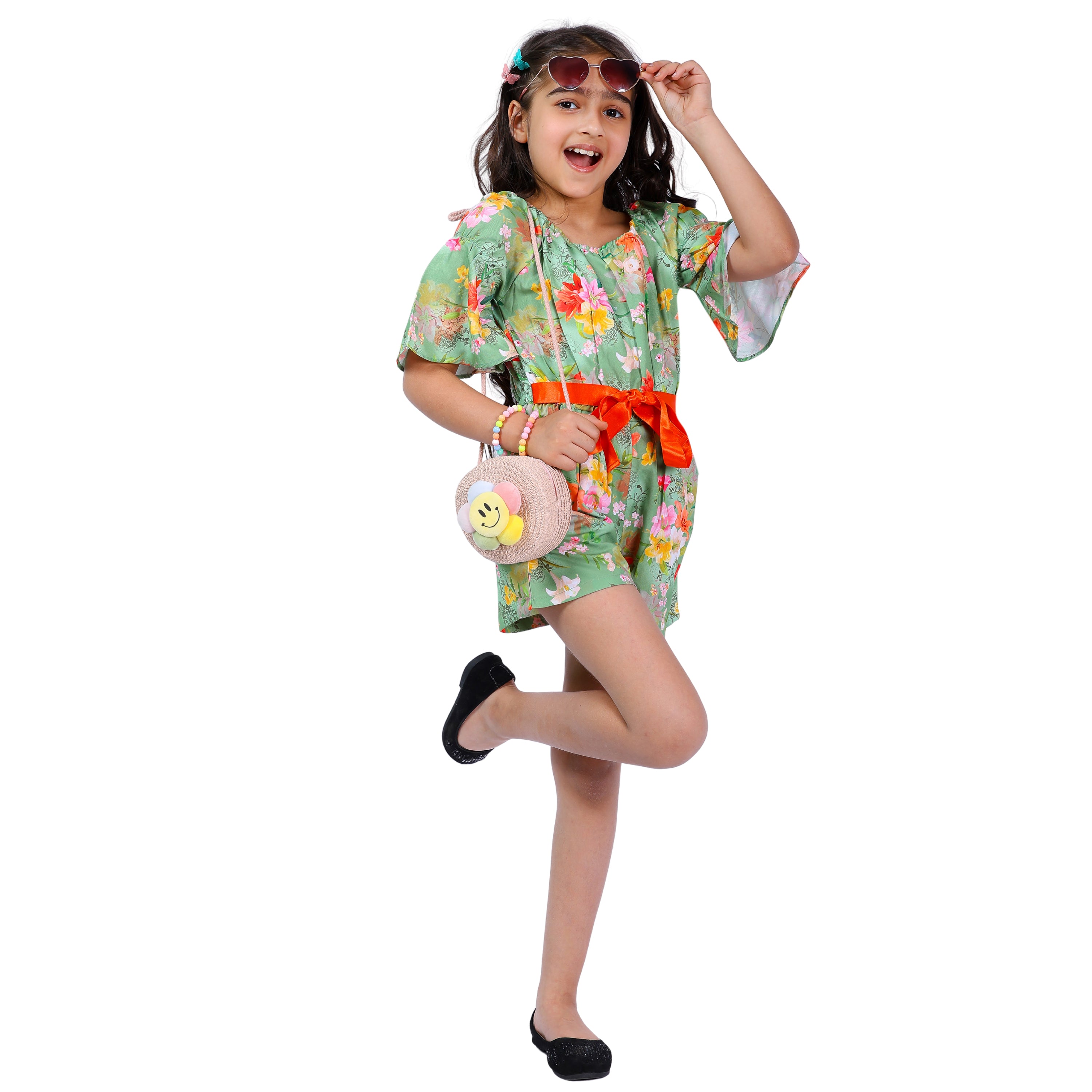 Girls Light Green Floral Stylish Comfortable Short Jumpsuit With Orange Belt 