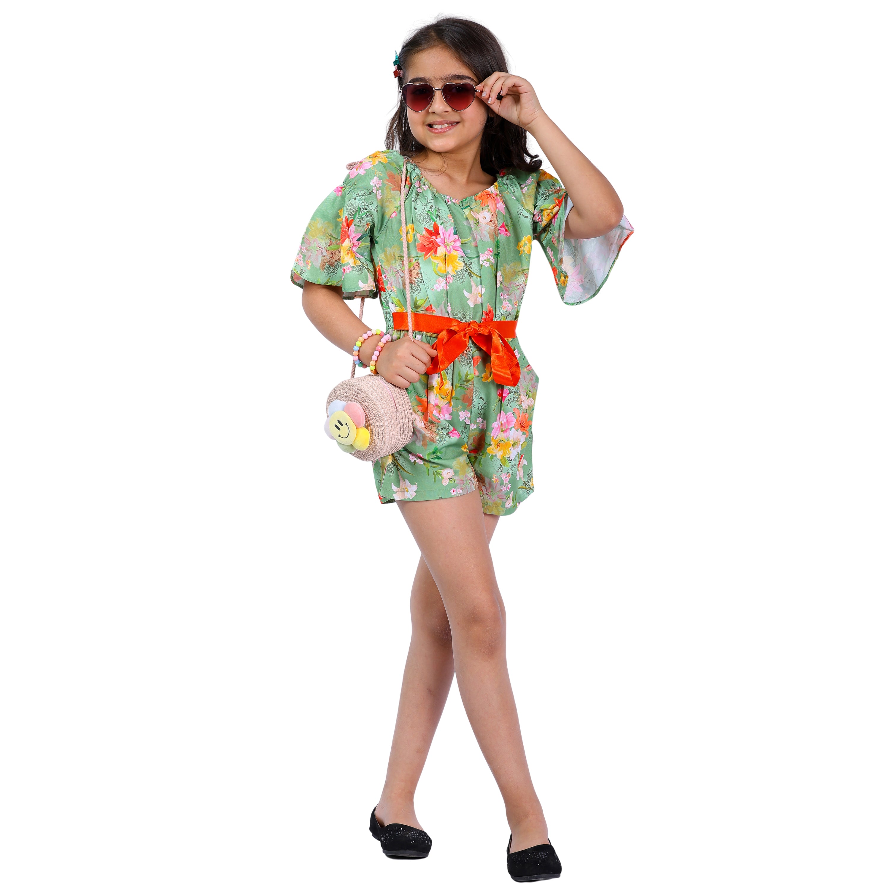 Girls Light Green Floral Stylish Comfortable Short Jumpsuit With Orange Belt 