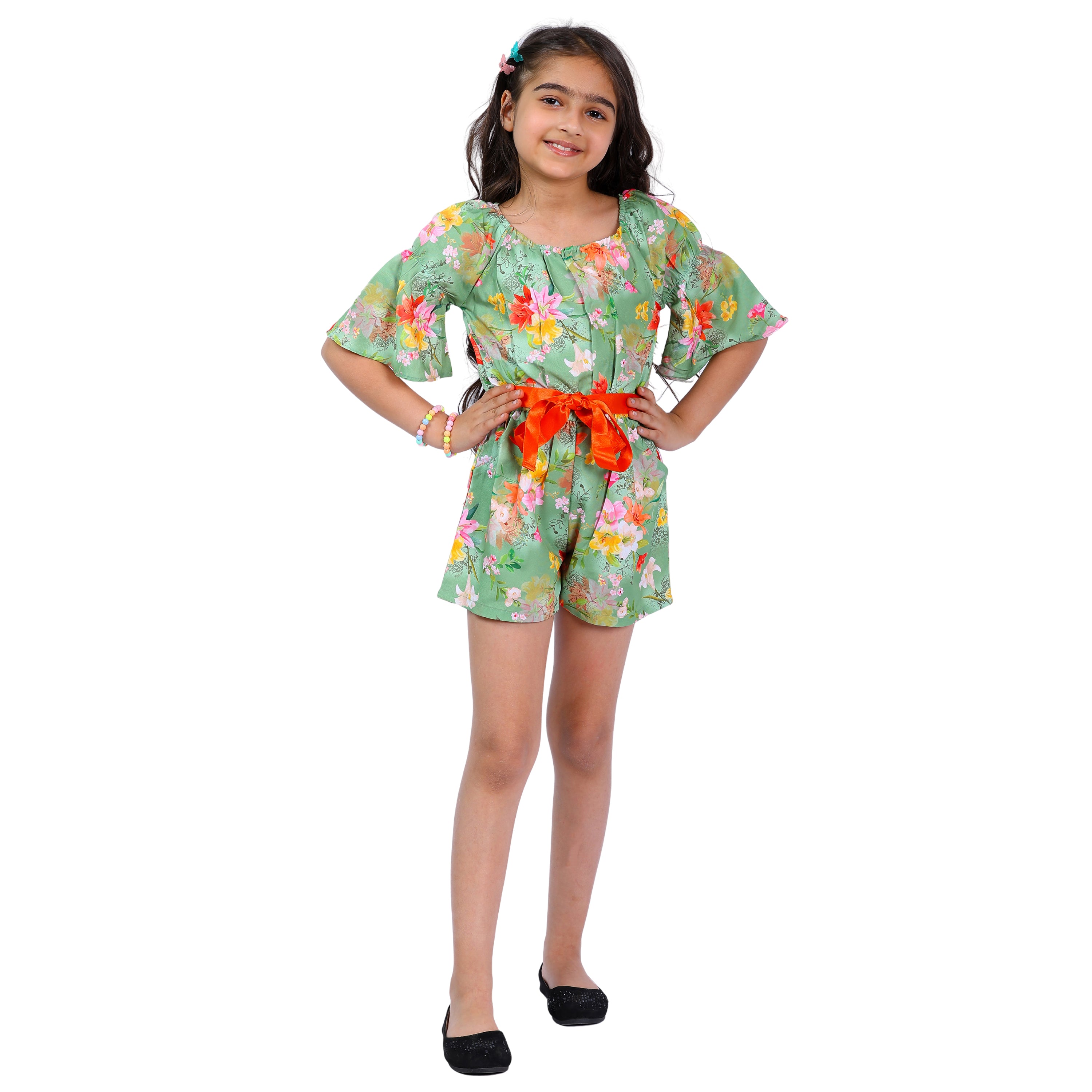 Girls Light Green Floral Stylish Comfortable Short Jumpsuit With Orange Belt 