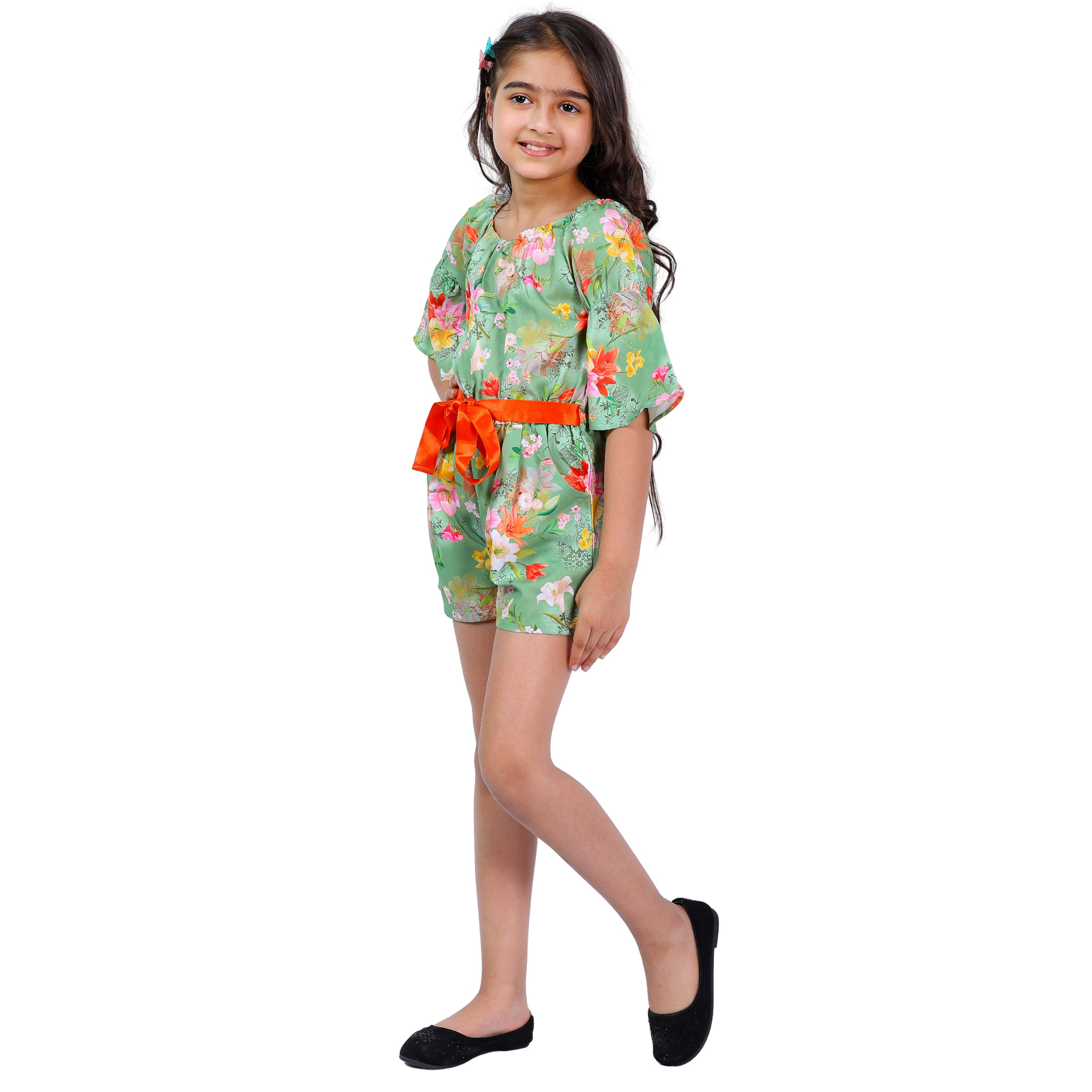 Girls Light Green Floral Stylish Comfortable Short Jumpsuit With Orange Belt 