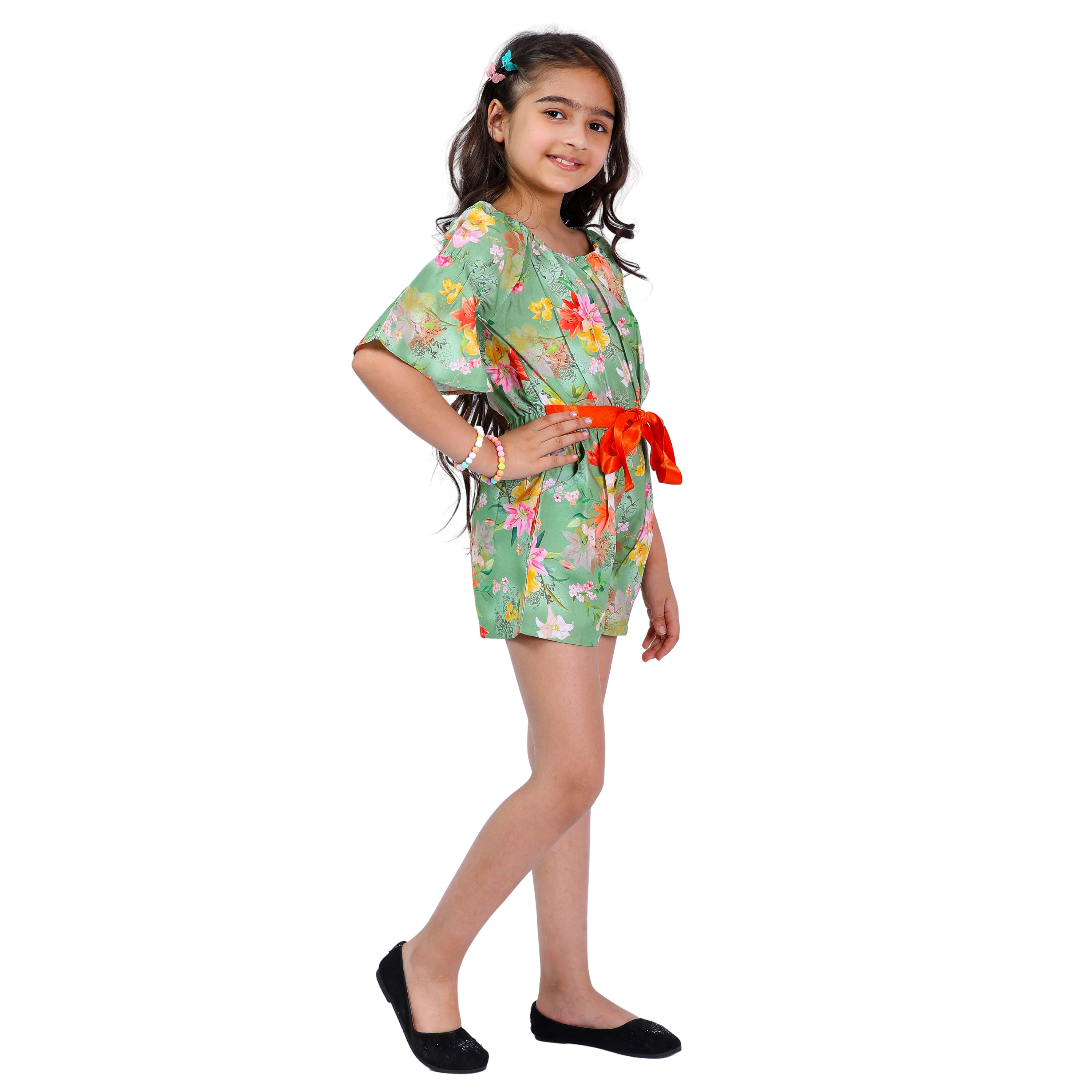 Girls Light Green Floral Stylish Comfortable Short Jumpsuit With Orange Belt 