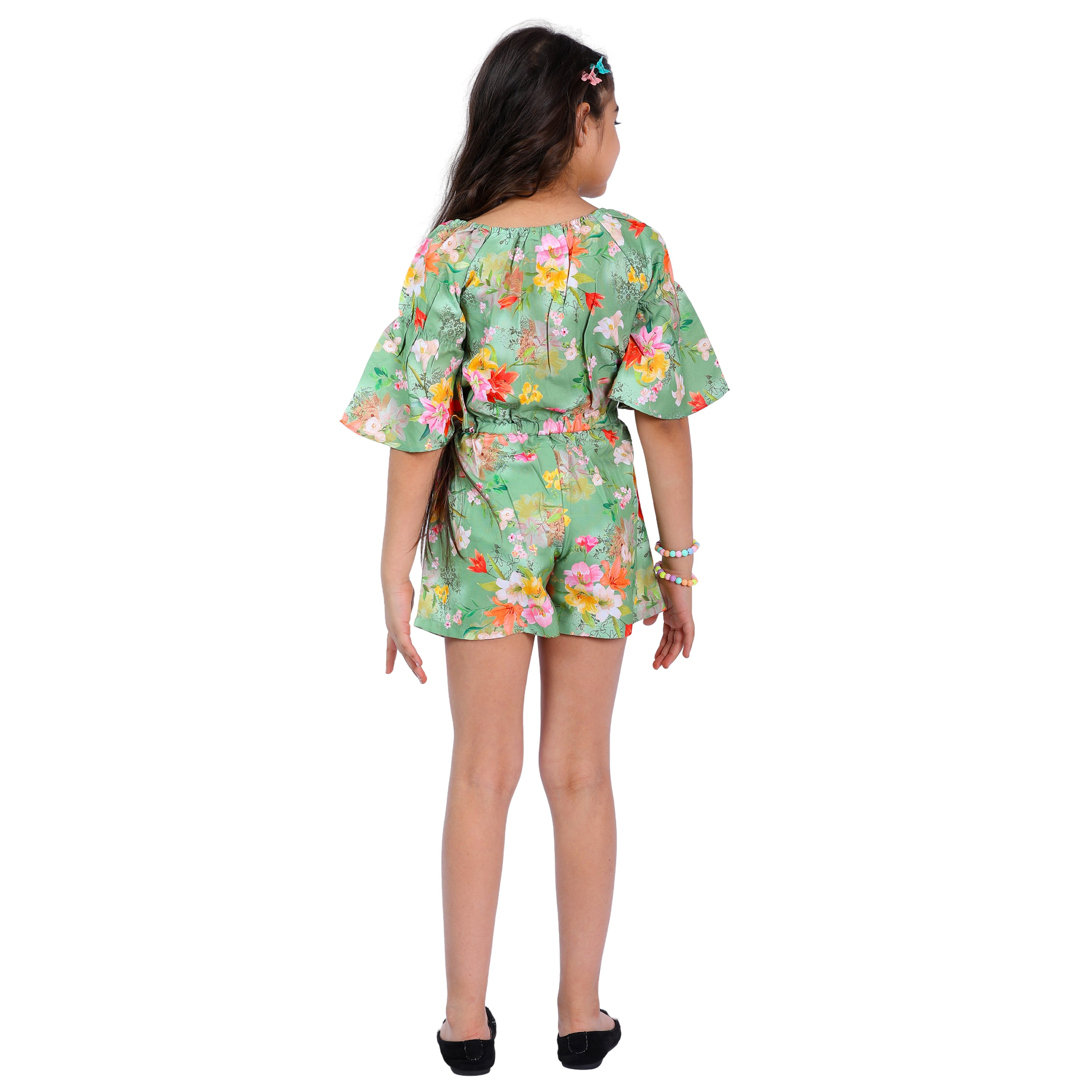 Girls Light Green Floral Stylish Comfortable Short Jumpsuit With Orange Belt 
